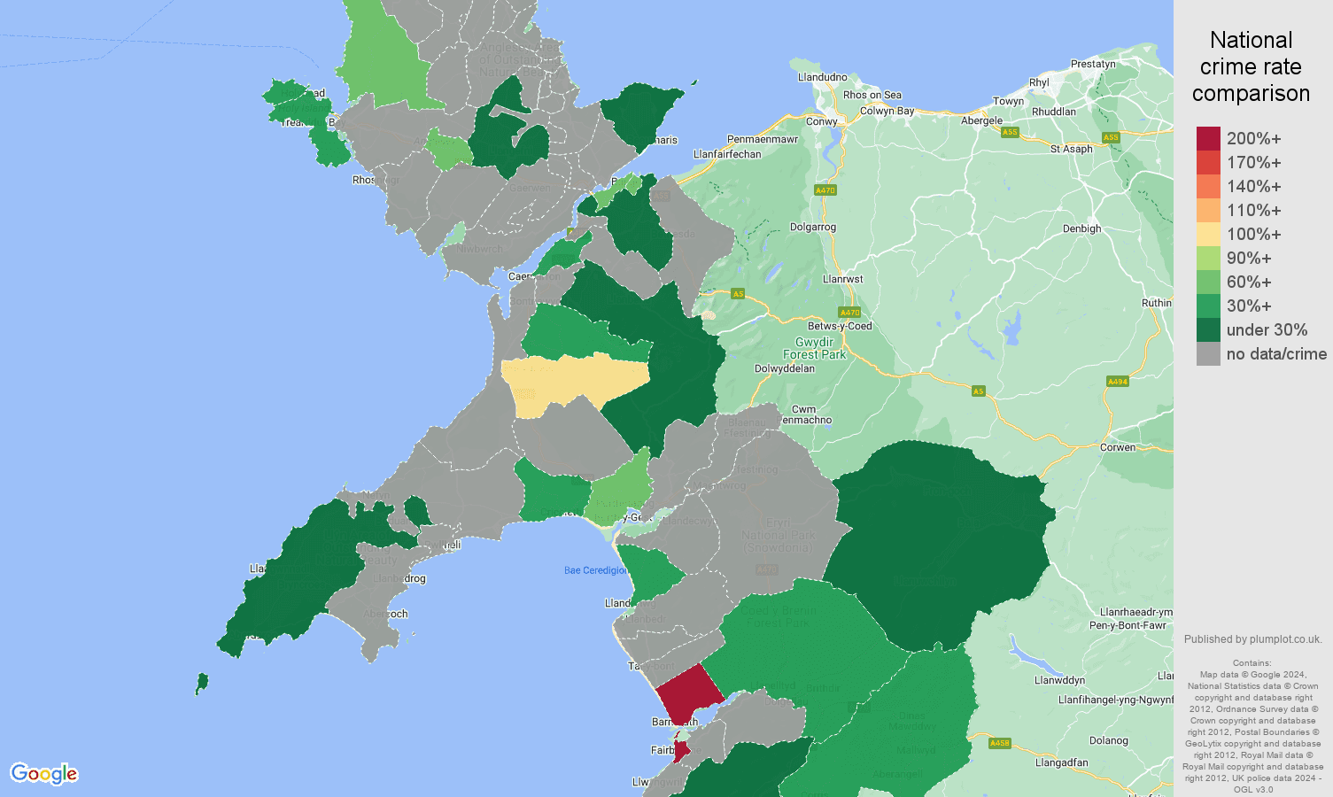 Gwynedd bicycle theft crime rate comparison map