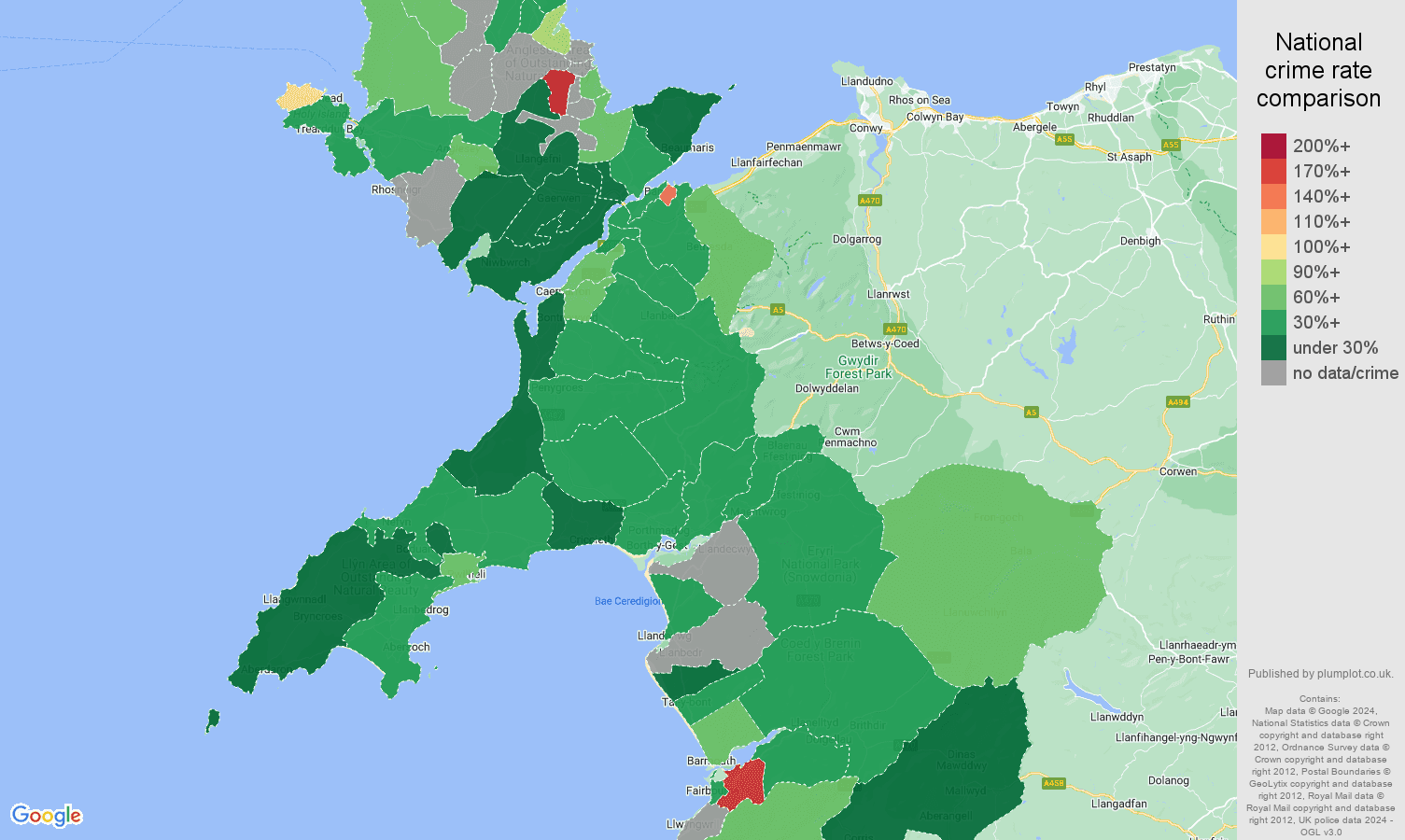Gwynedd burglary crime rate comparison map