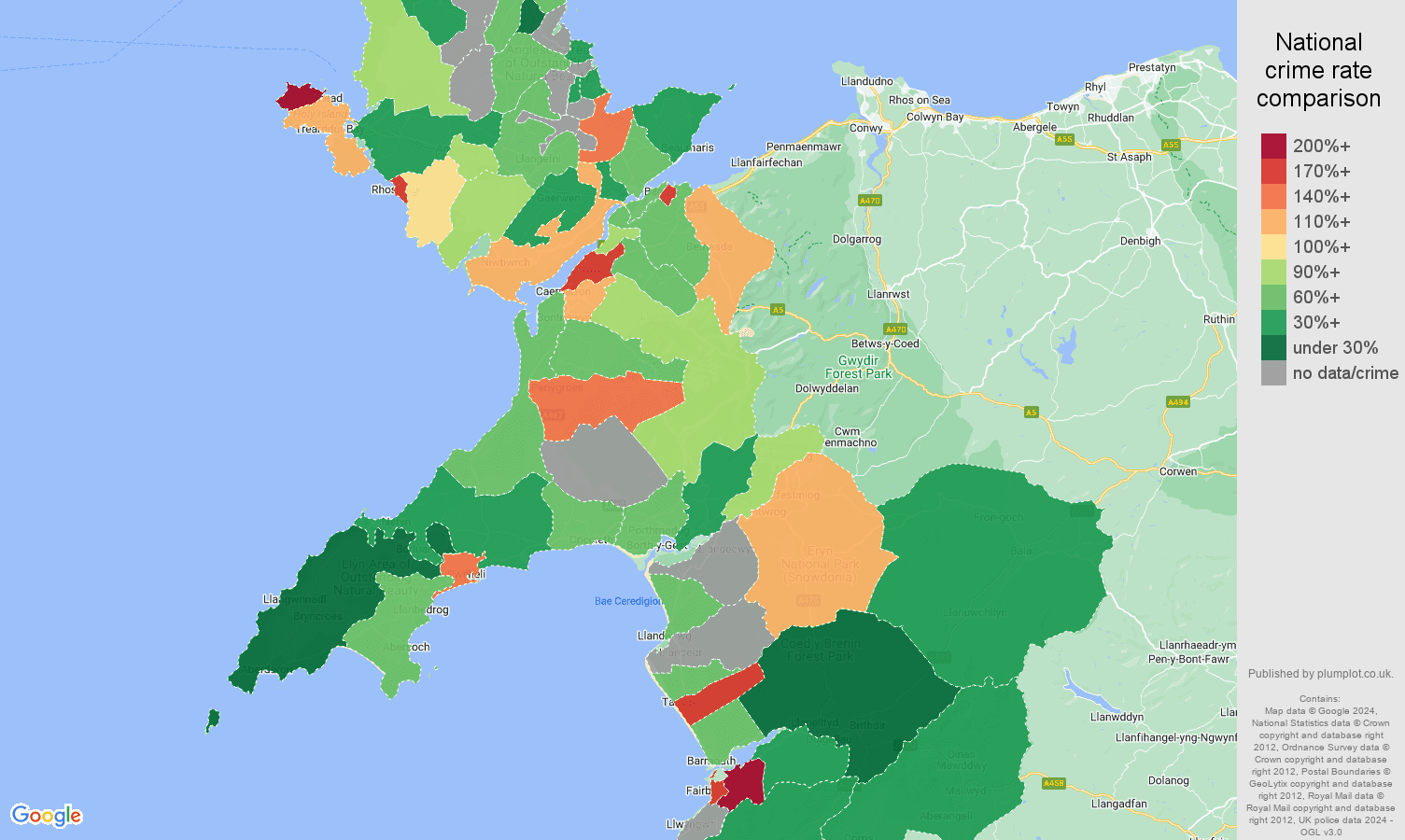 Gwynedd criminal damage and arson crime rate comparison map