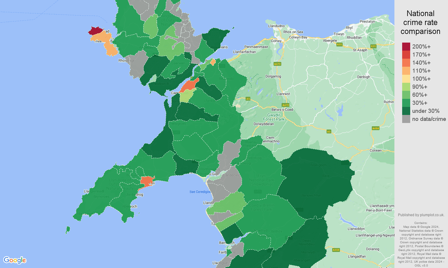 Gwynedd drugs crime rate comparison map