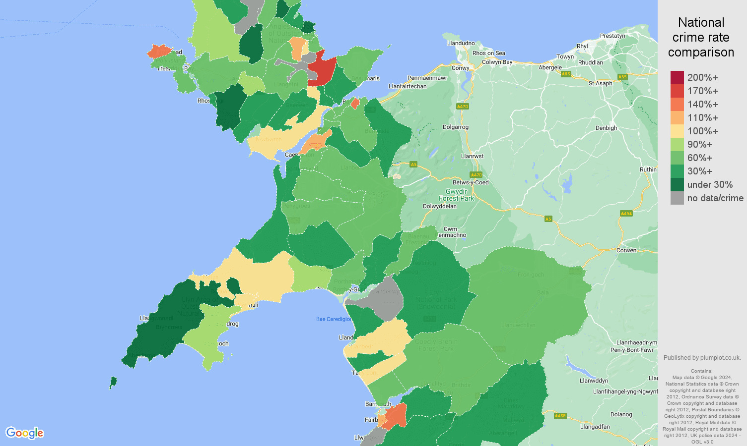 Gwynedd other theft crime rate comparison map