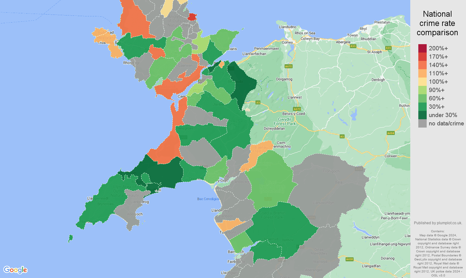 Gwynedd possession of weapons crime rate comparison map