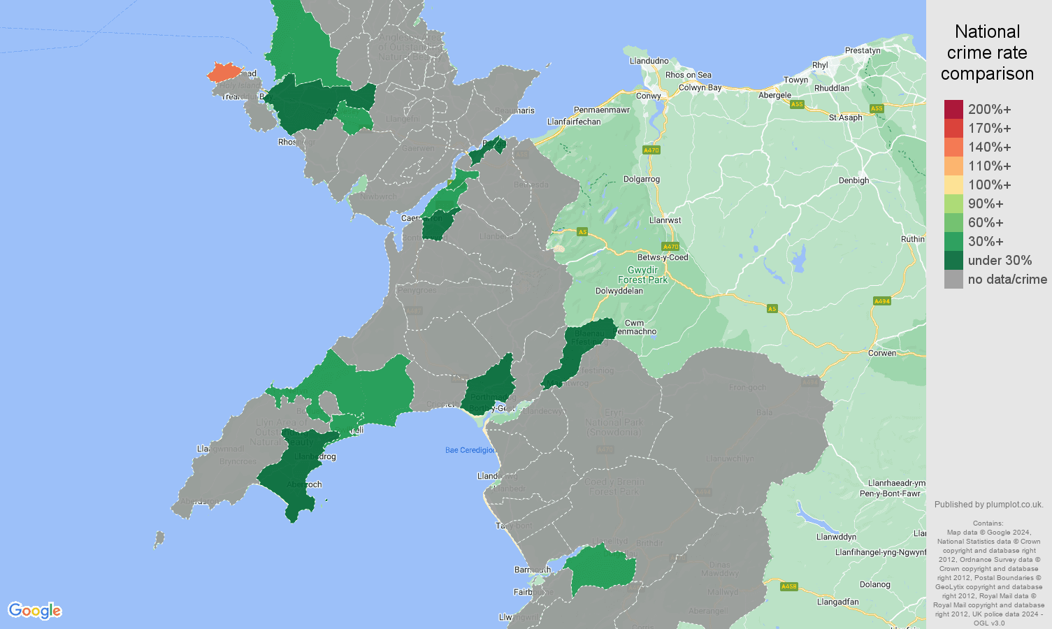 Gwynedd robbery crime rate comparison map