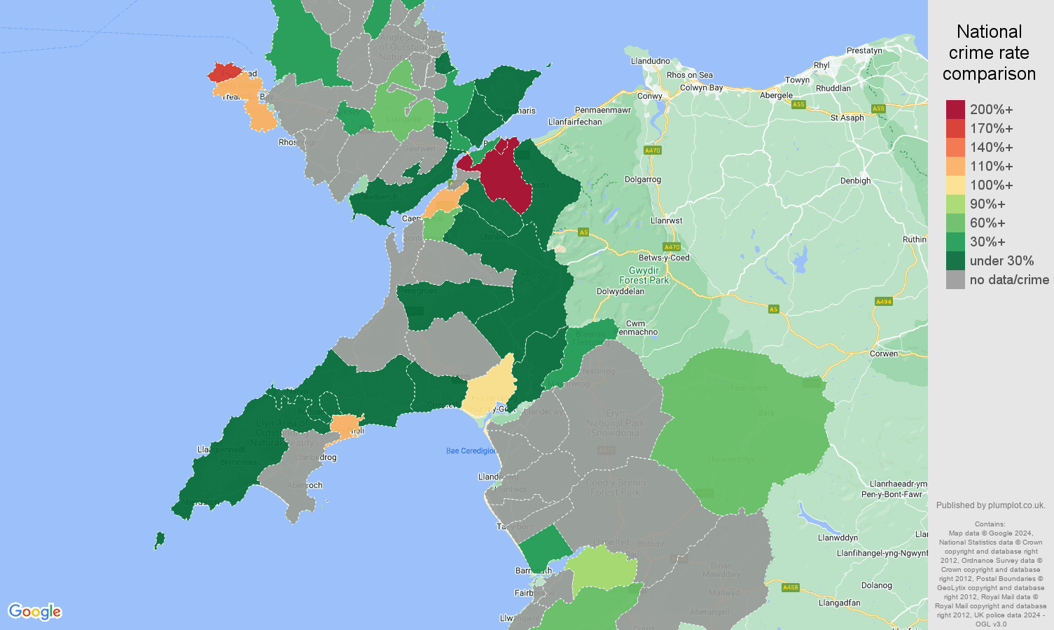 Gwynedd shoplifting crime rate comparison map