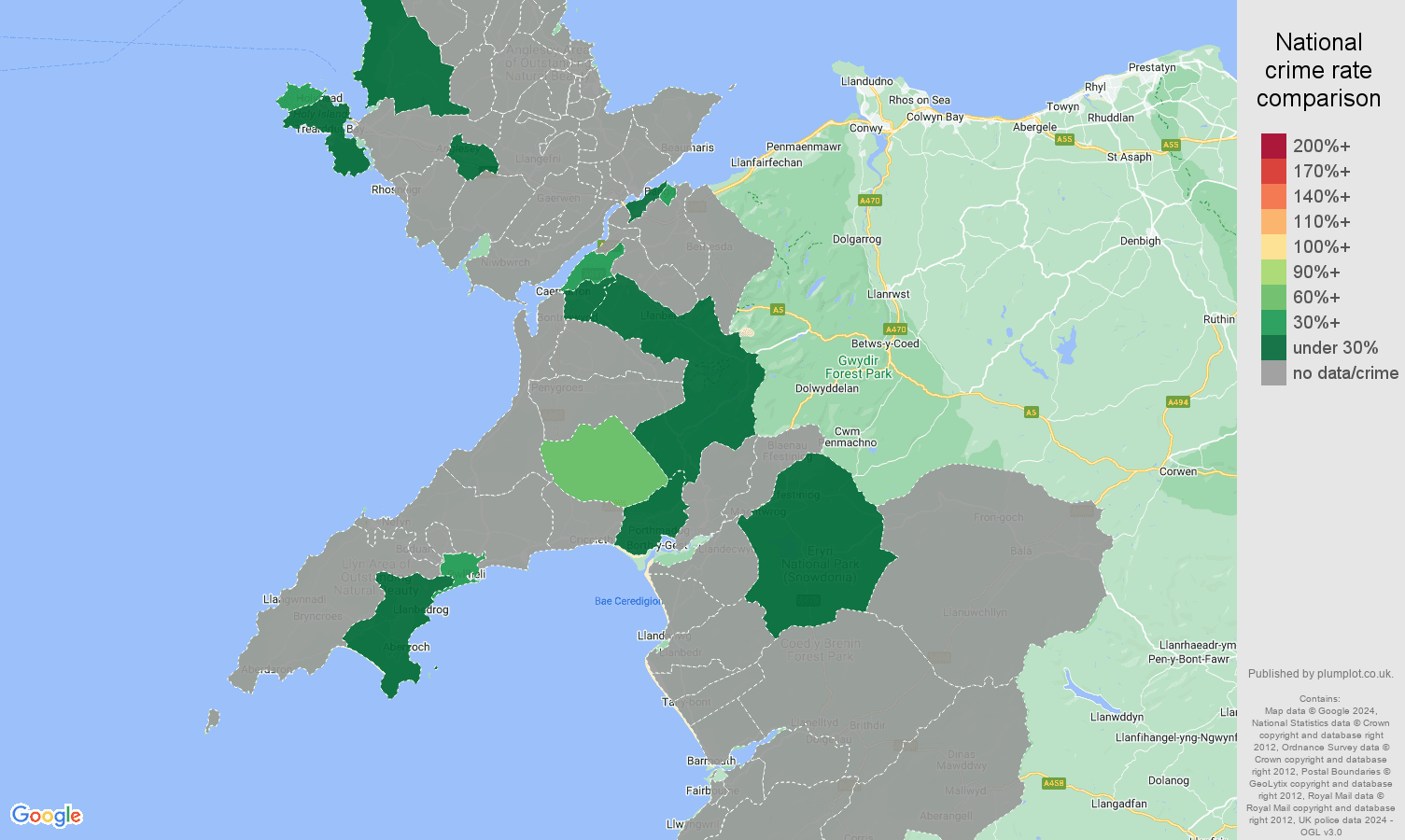 Gwynedd theft from the person crime rate comparison map
