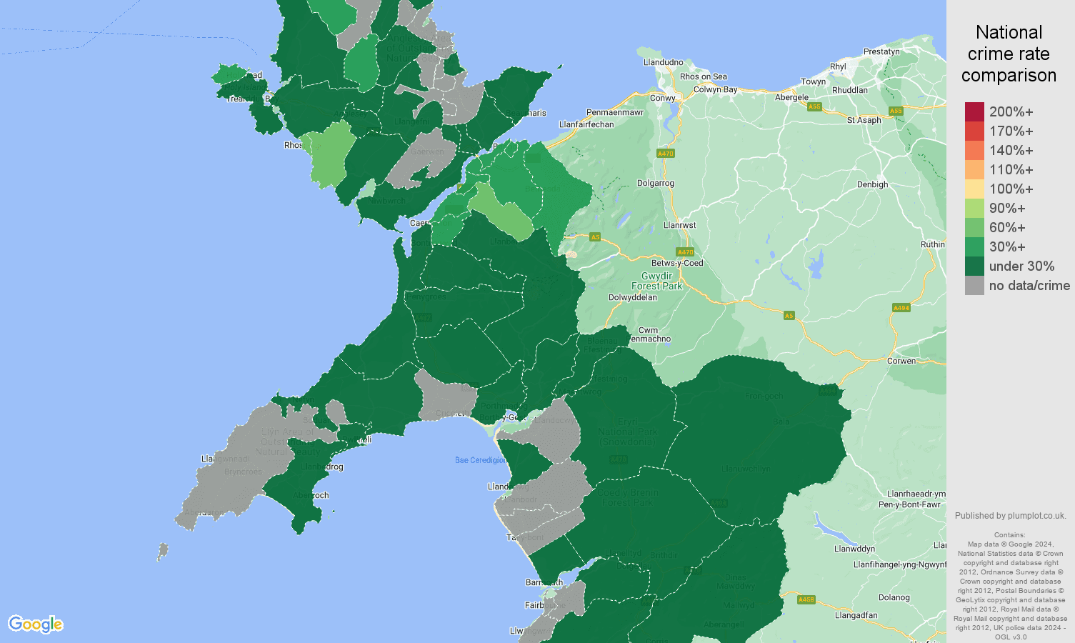 Gwynedd vehicle crime rate comparison map