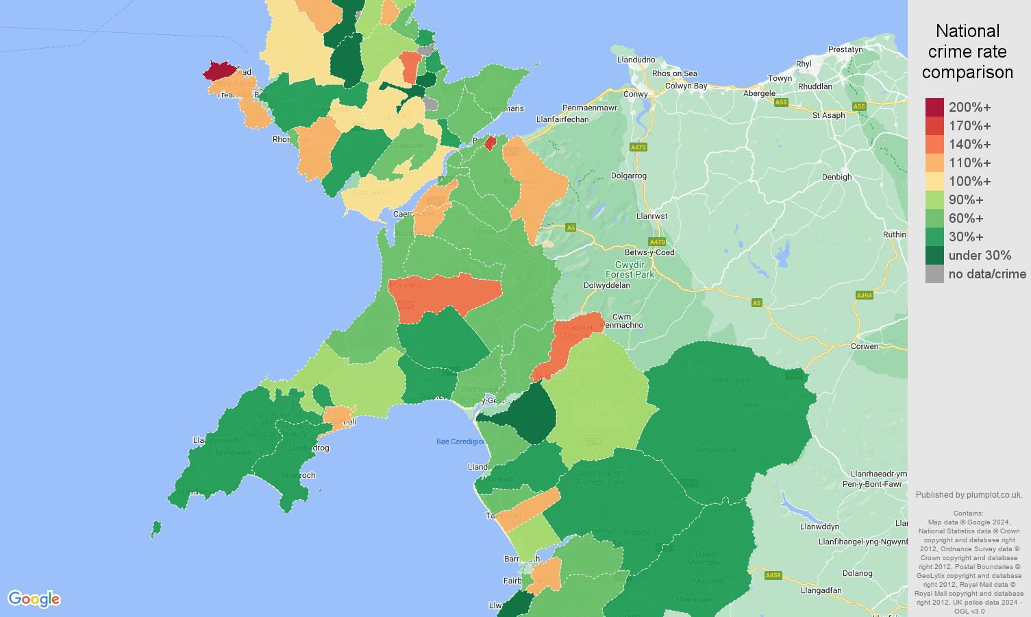 Gwynedd violent crime rate comparison map