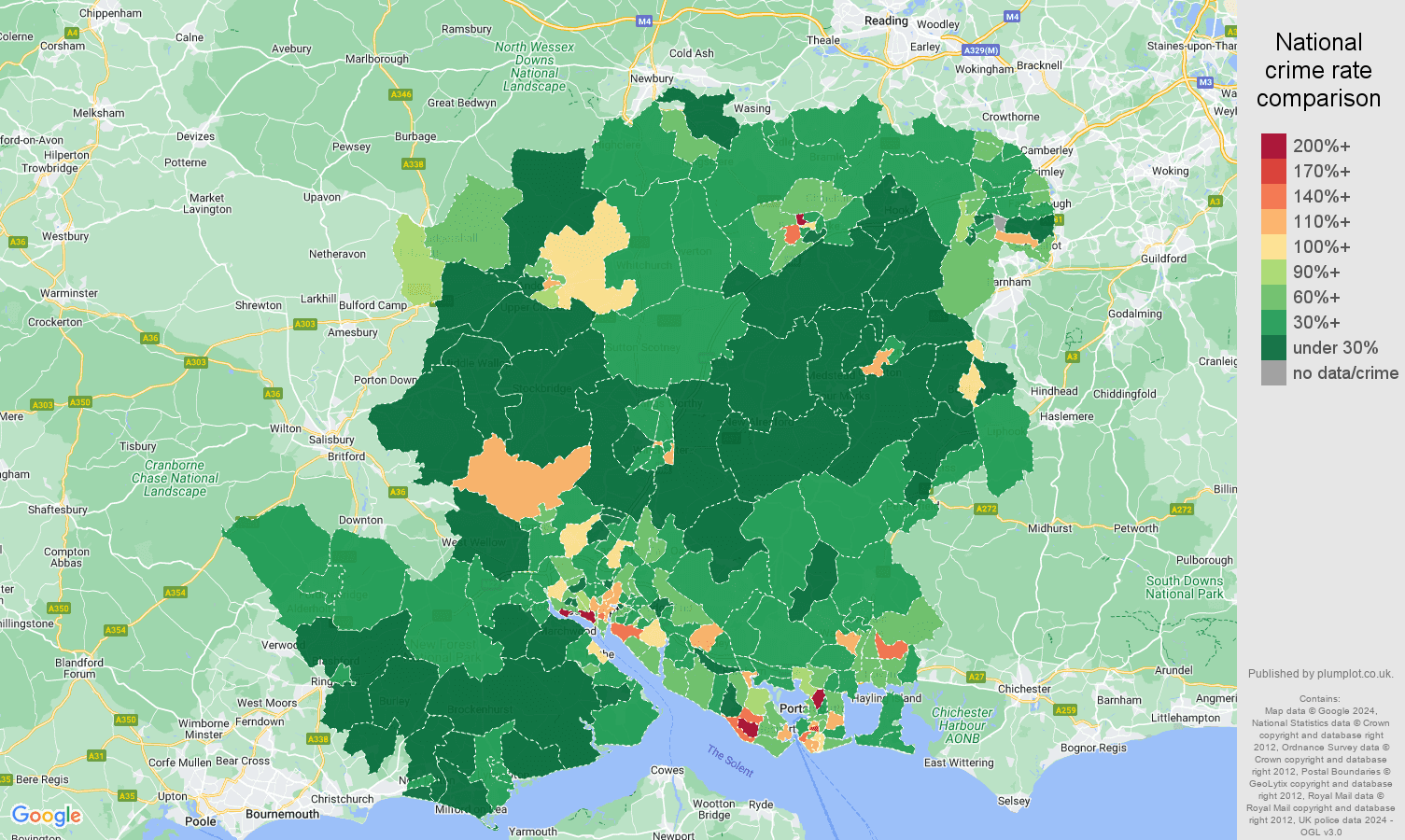 Hampshire antisocial behaviour crime rate comparison map