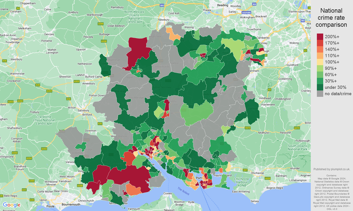 Hampshire bicycle theft crime rate comparison map