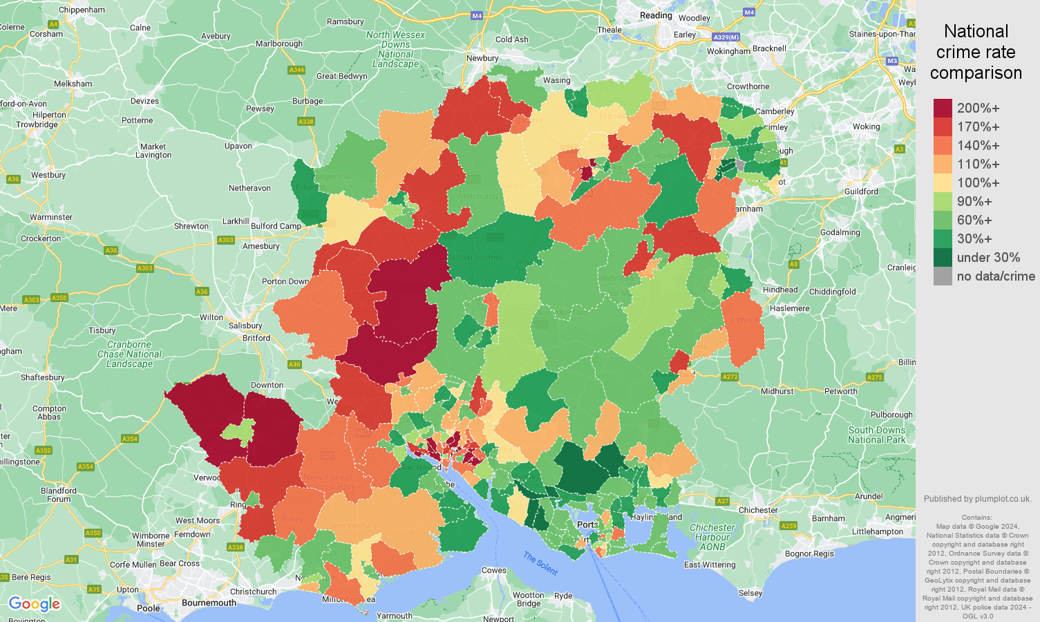 Hampshire burglary crime rate comparison map