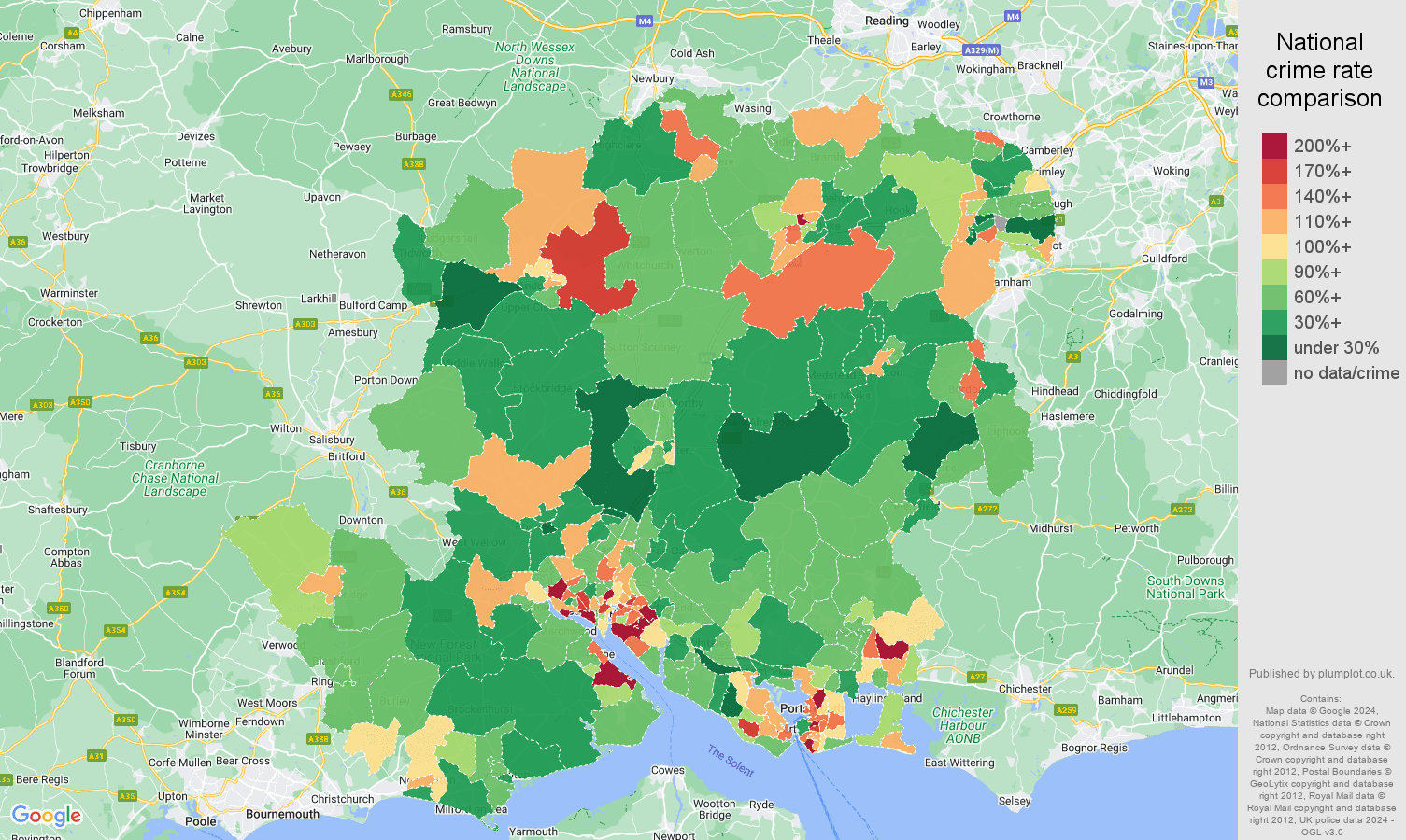 Hampshire criminal damage and arson crime rate comparison map