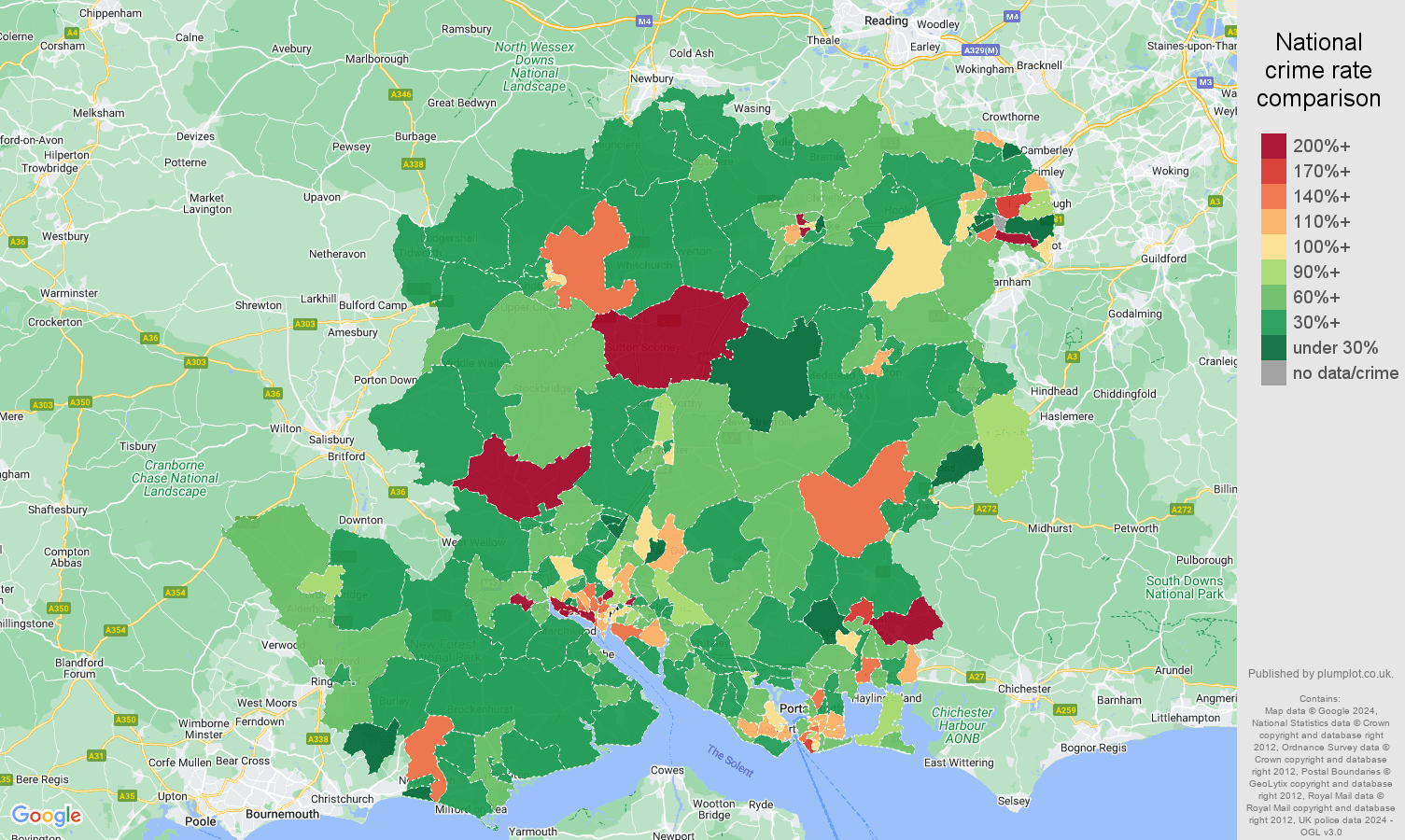 Hampshire other theft crime rate comparison map