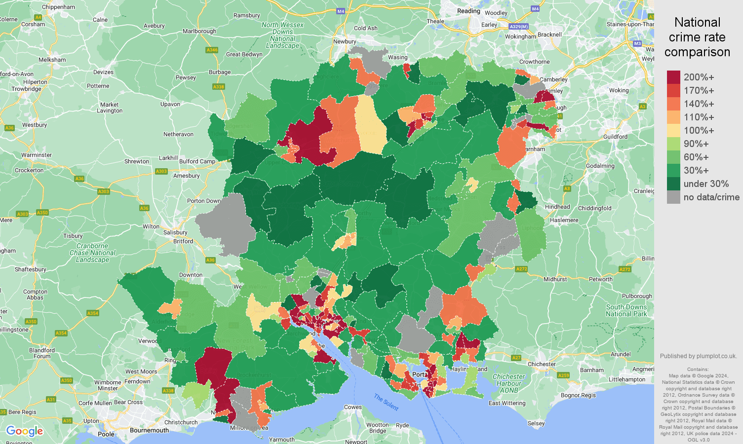 Hampshire possession of weapons crime rate comparison map