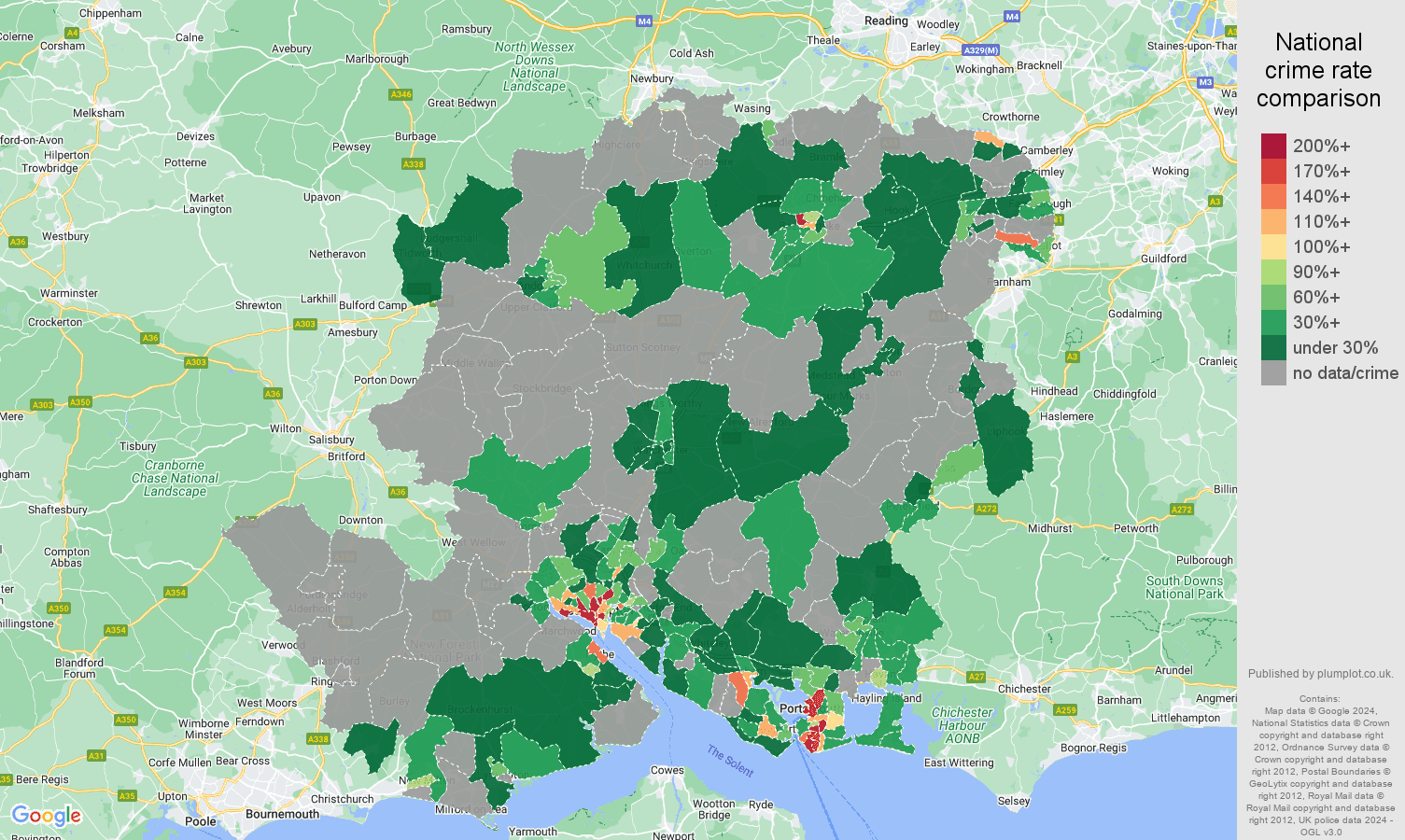 Hampshire robbery crime rate comparison map