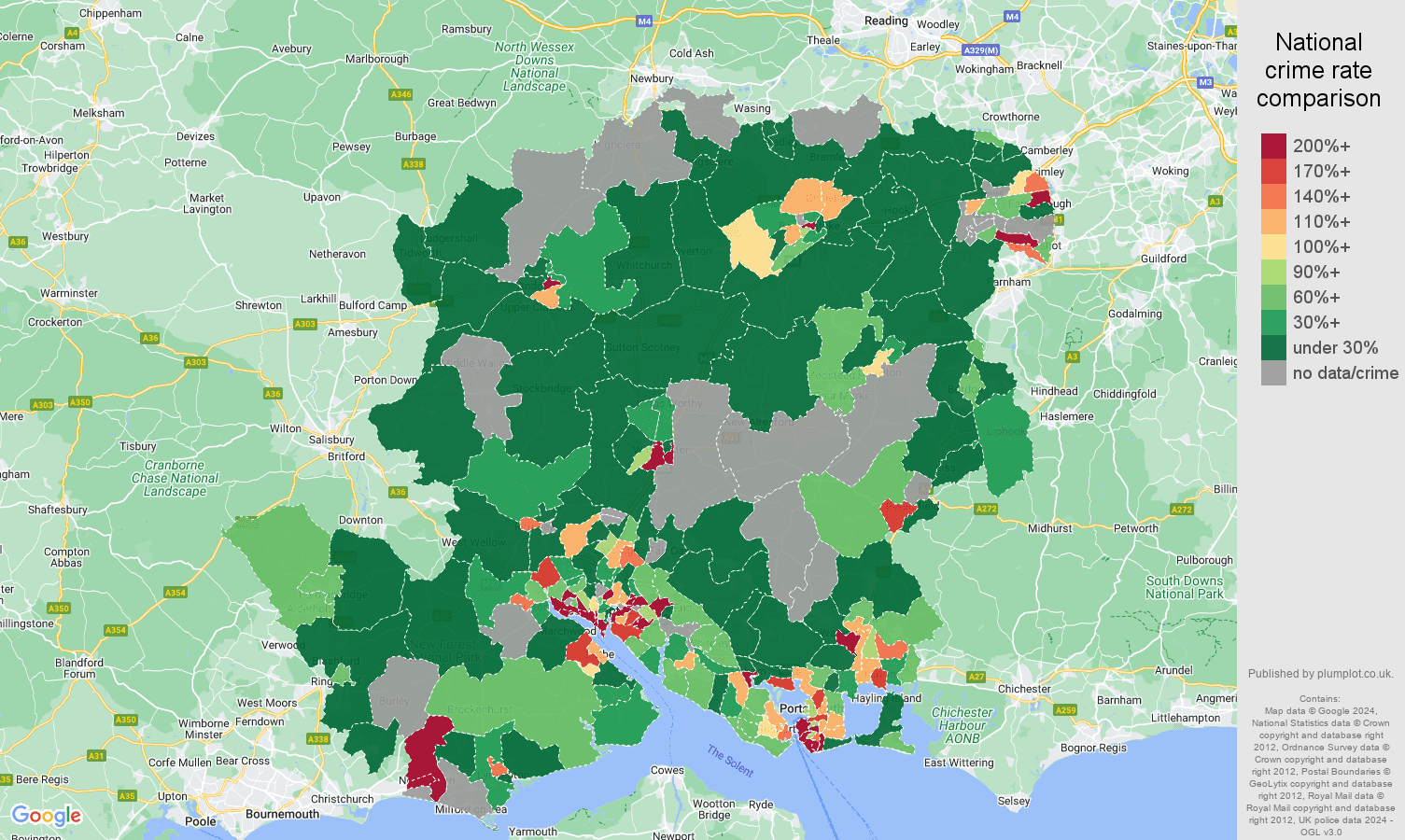 Hampshire shoplifting crime rate comparison map