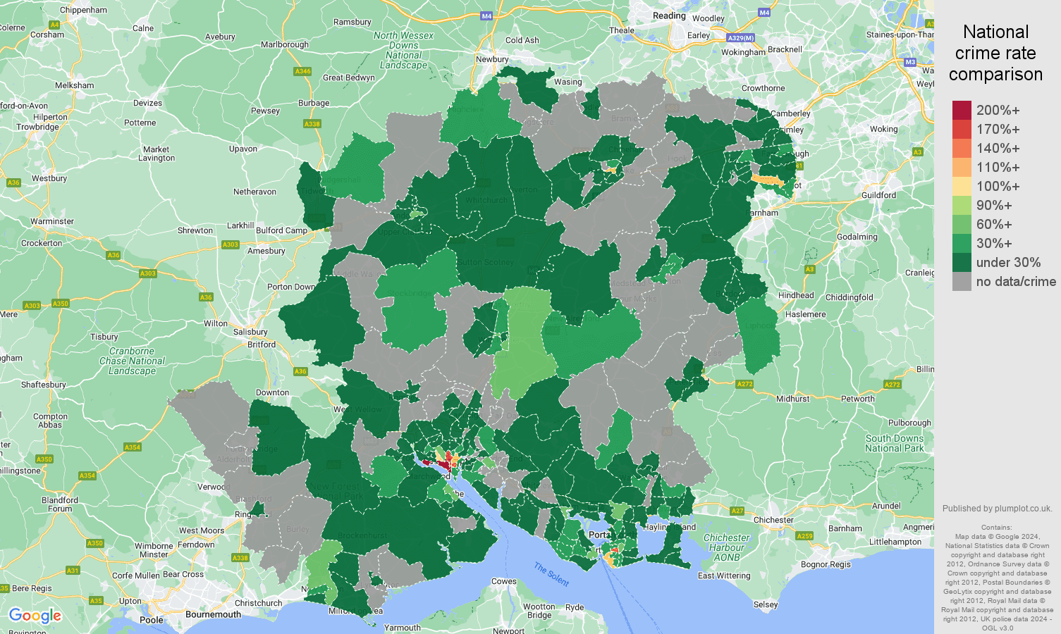 Hampshire theft from the person crime rate comparison map