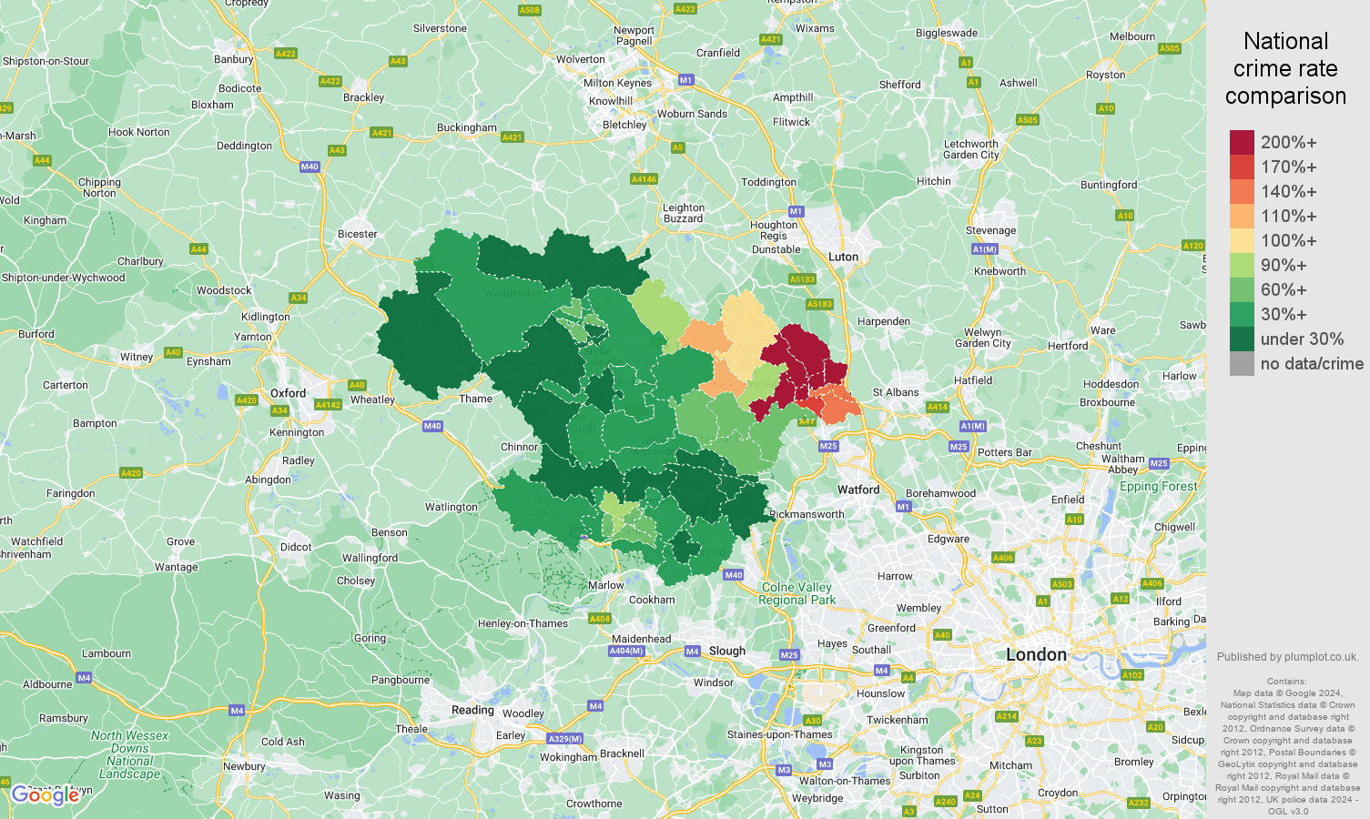 Hemel Hempstead antisocial behaviour crime rate comparison map