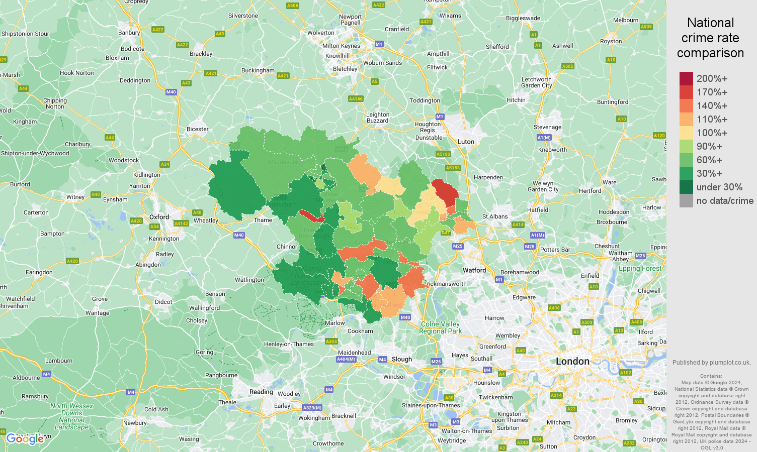Hemel Hempstead burglary crime rate comparison map