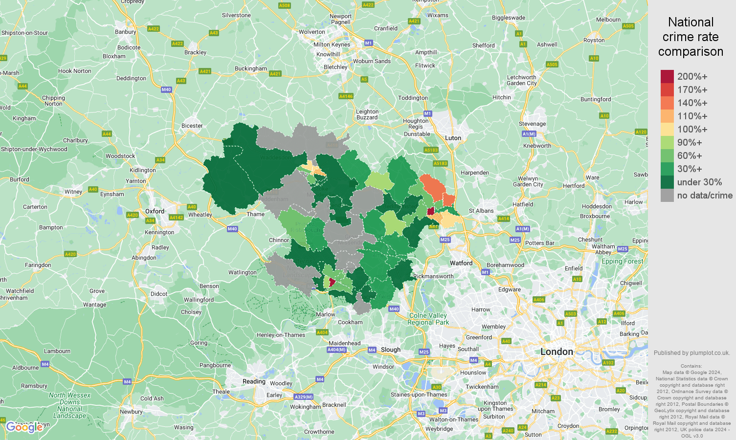 Hemel Hempstead robbery crime rate comparison map
