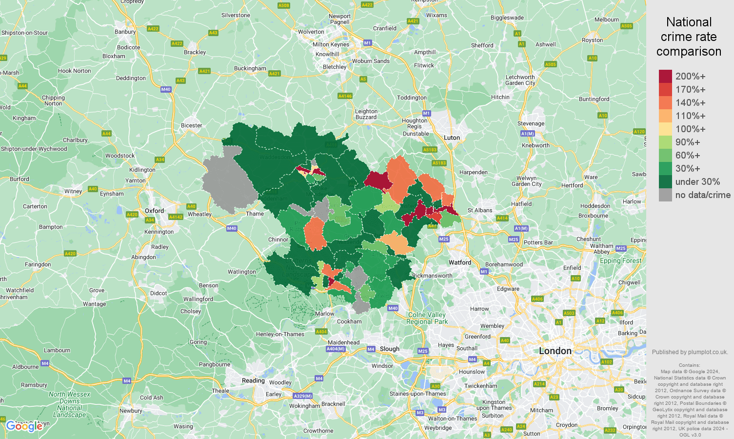 Hemel Hempstead shoplifting crime rate comparison map