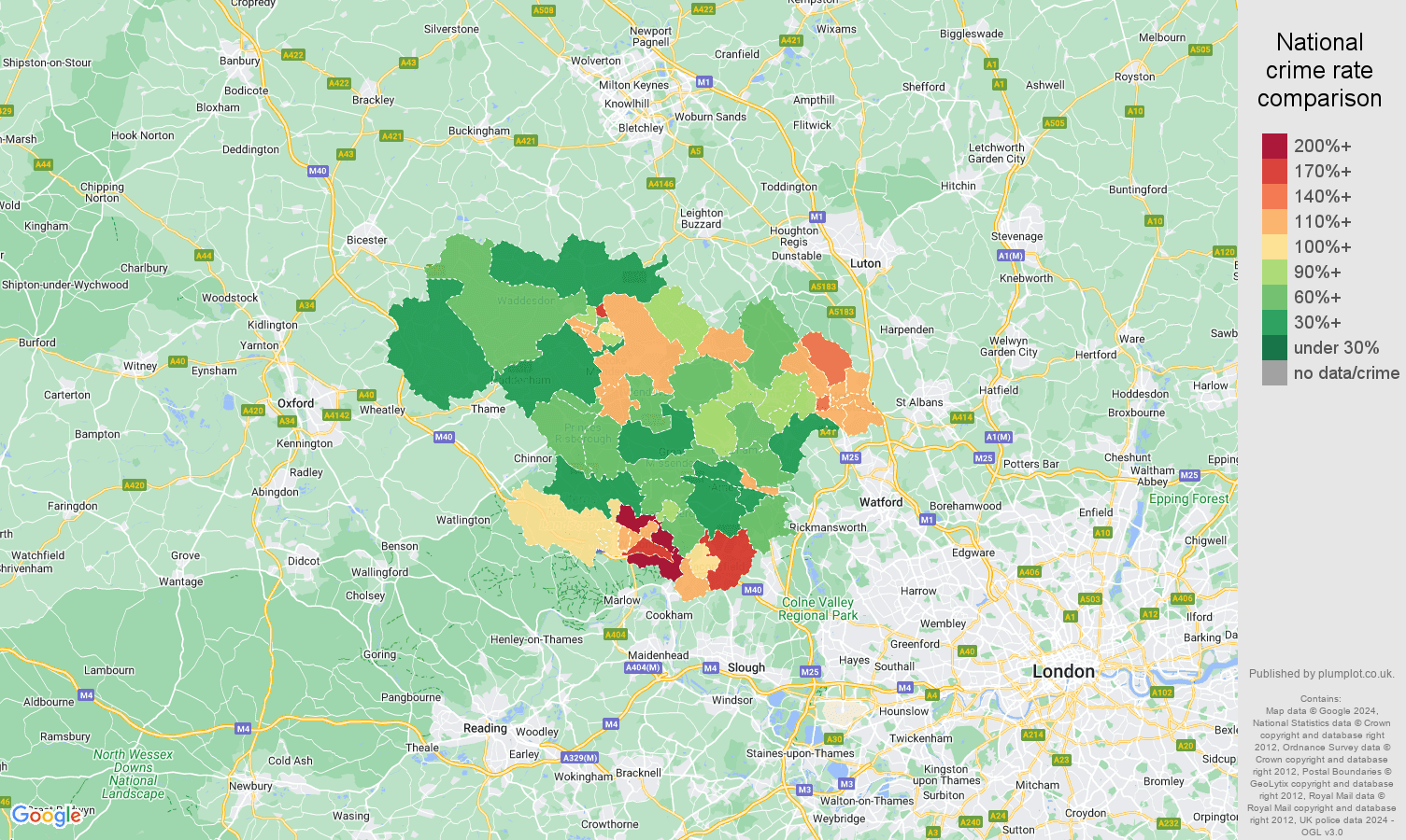 Hemel Hempstead vehicle crime rate comparison map