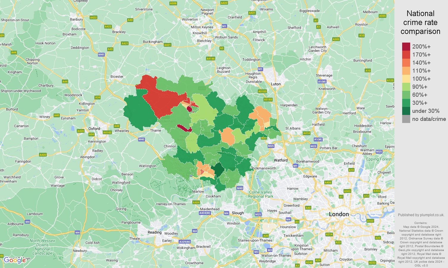 Hemel Hempstead violent crime rate comparison map