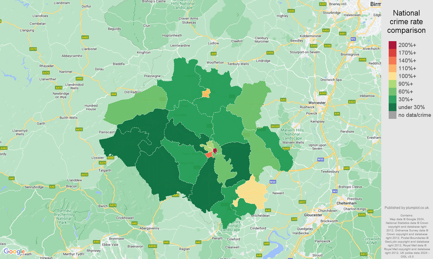 Hereford antisocial behaviour crime rate comparison map