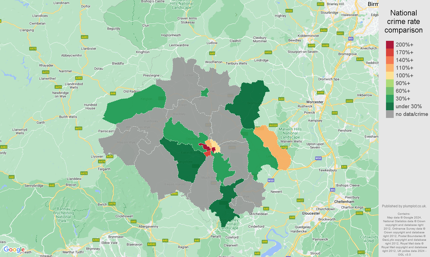 Hereford bicycle theft crime rate comparison map