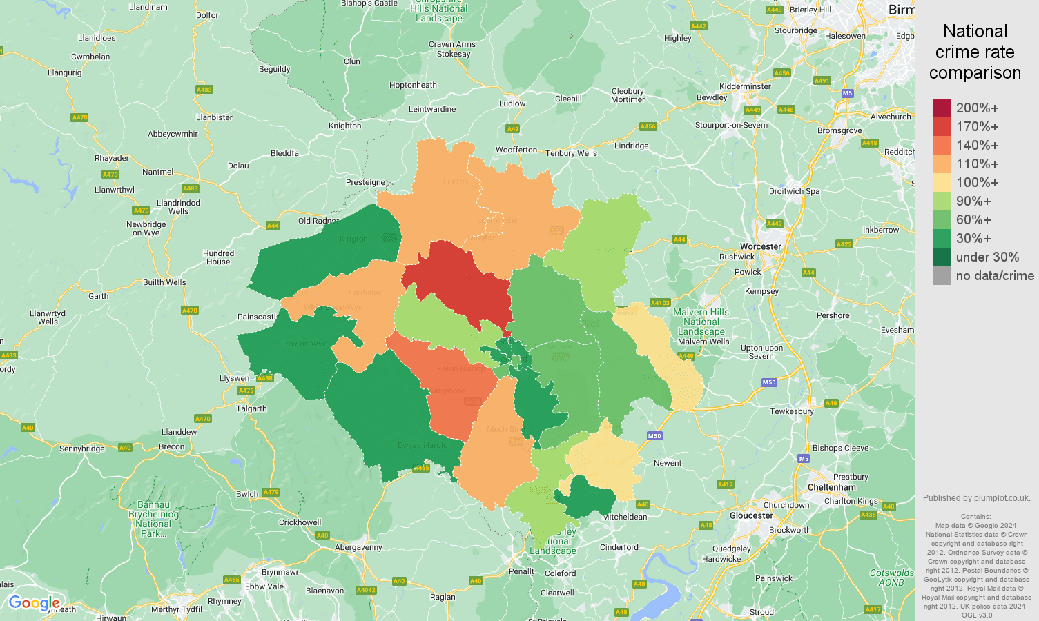 Hereford burglary crime rate comparison map