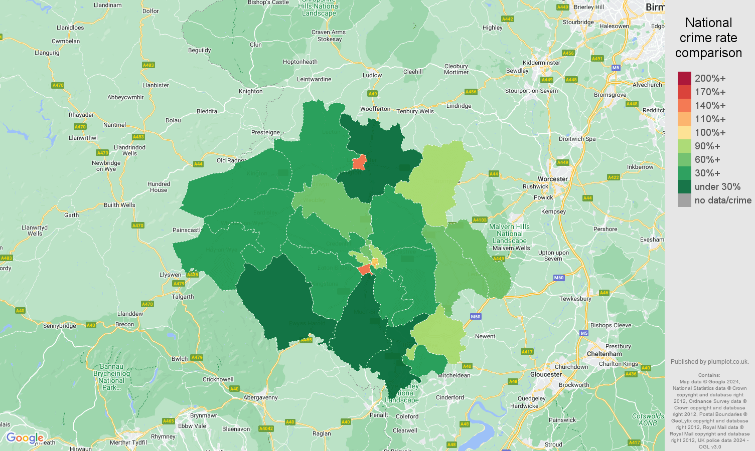 Hereford criminal damage and arson crime rate comparison map