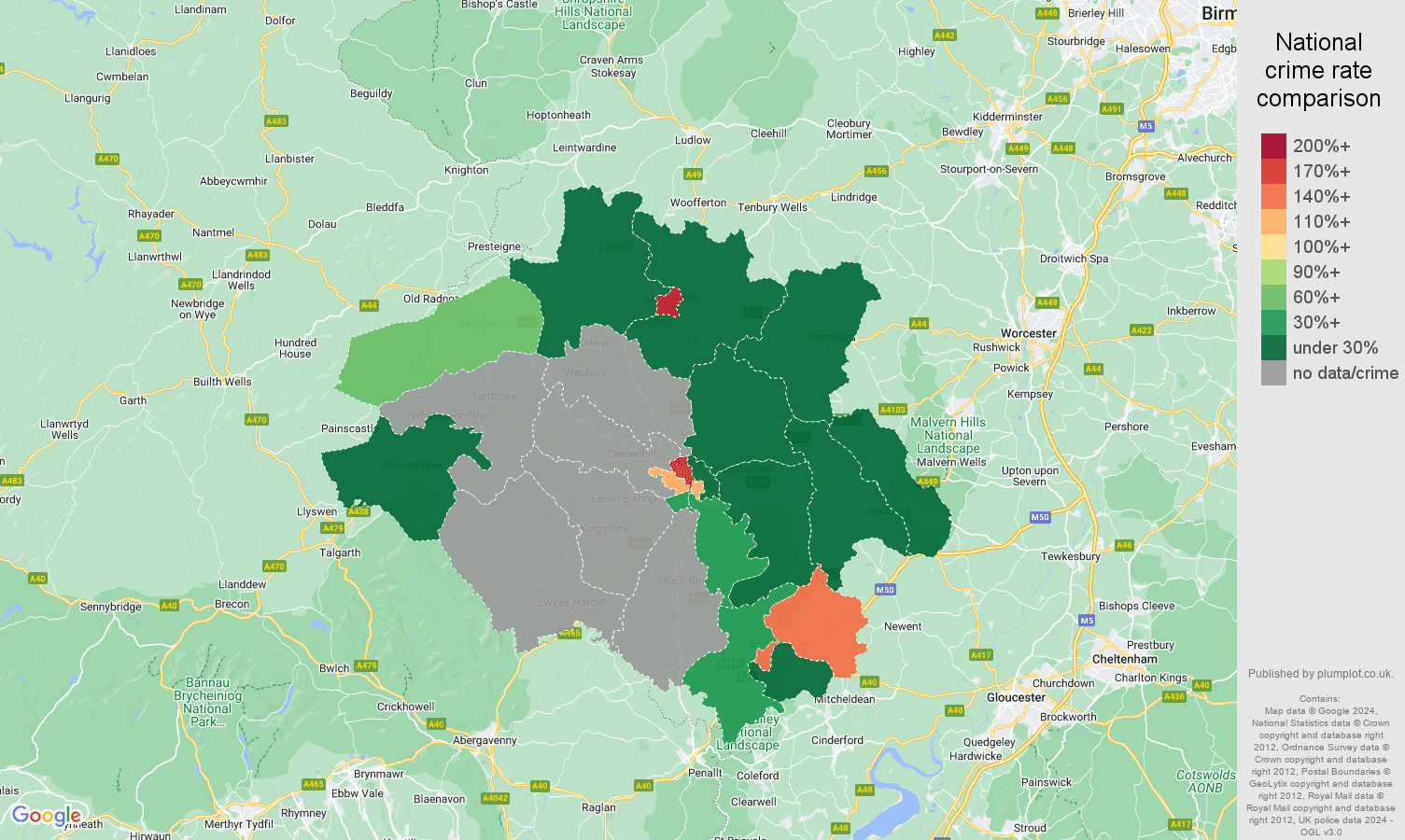Hereford shoplifting crime rate comparison map