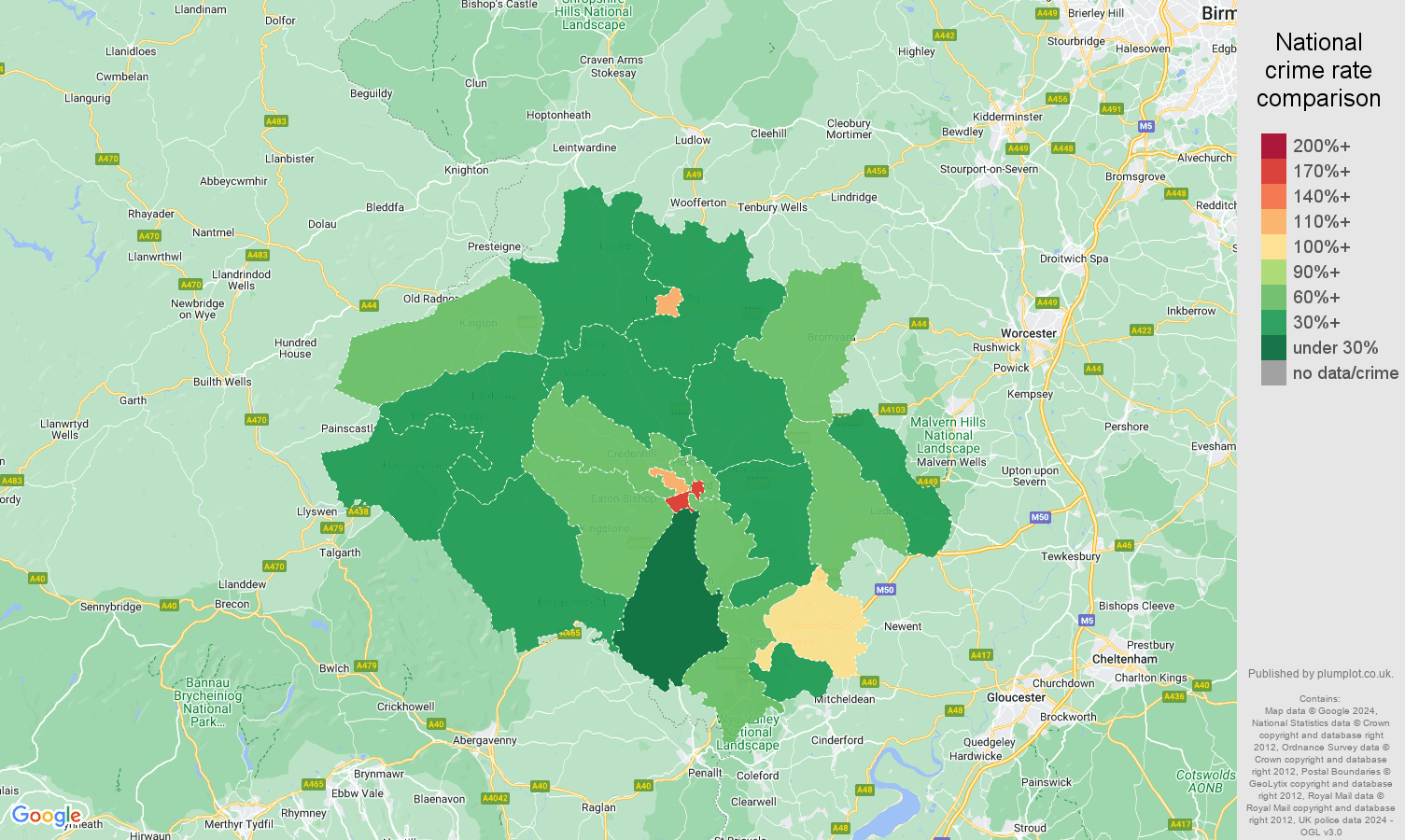 Hereford violent crime rate comparison map
