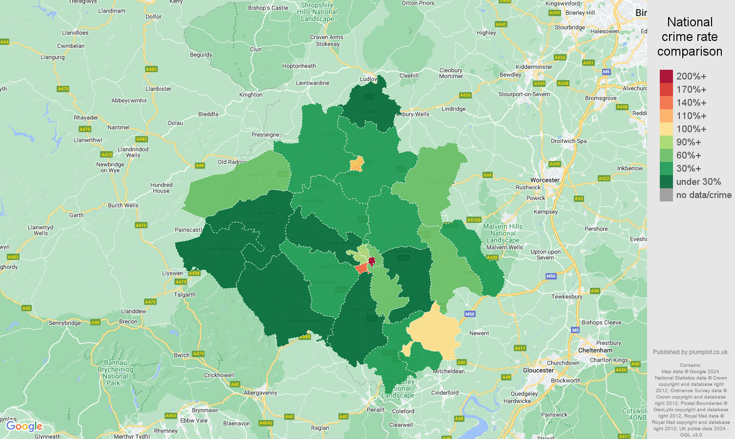 Herefordshire antisocial behaviour crime rate comparison map