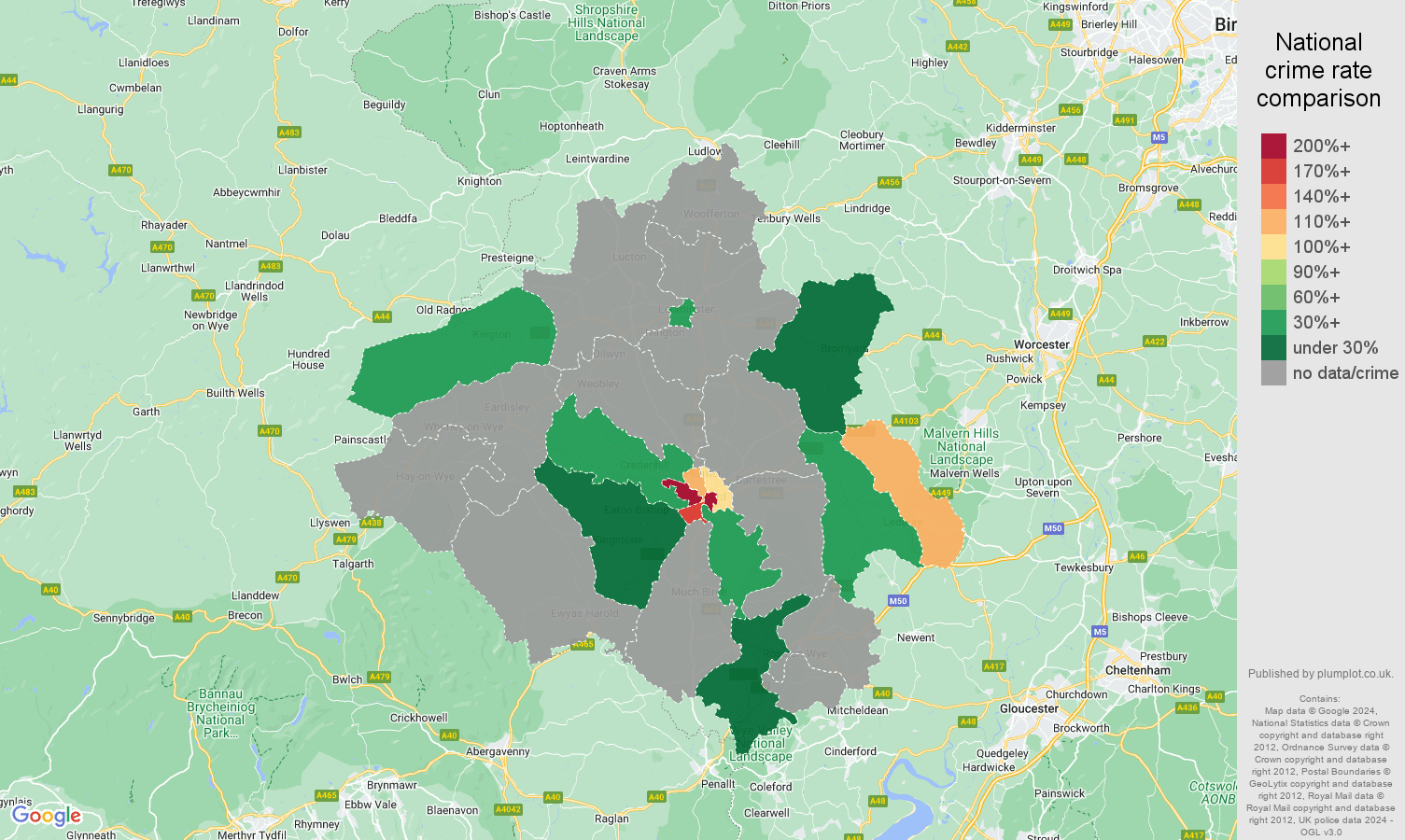 Herefordshire bicycle theft crime rate comparison map
