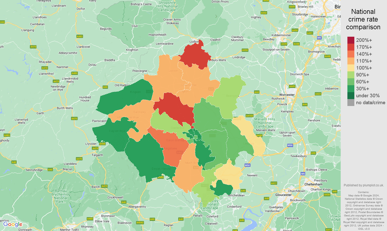 Herefordshire burglary crime rate comparison map