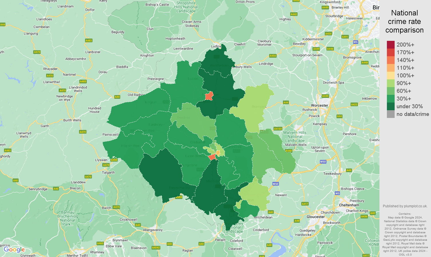 Herefordshire criminal damage and arson crime rate comparison map