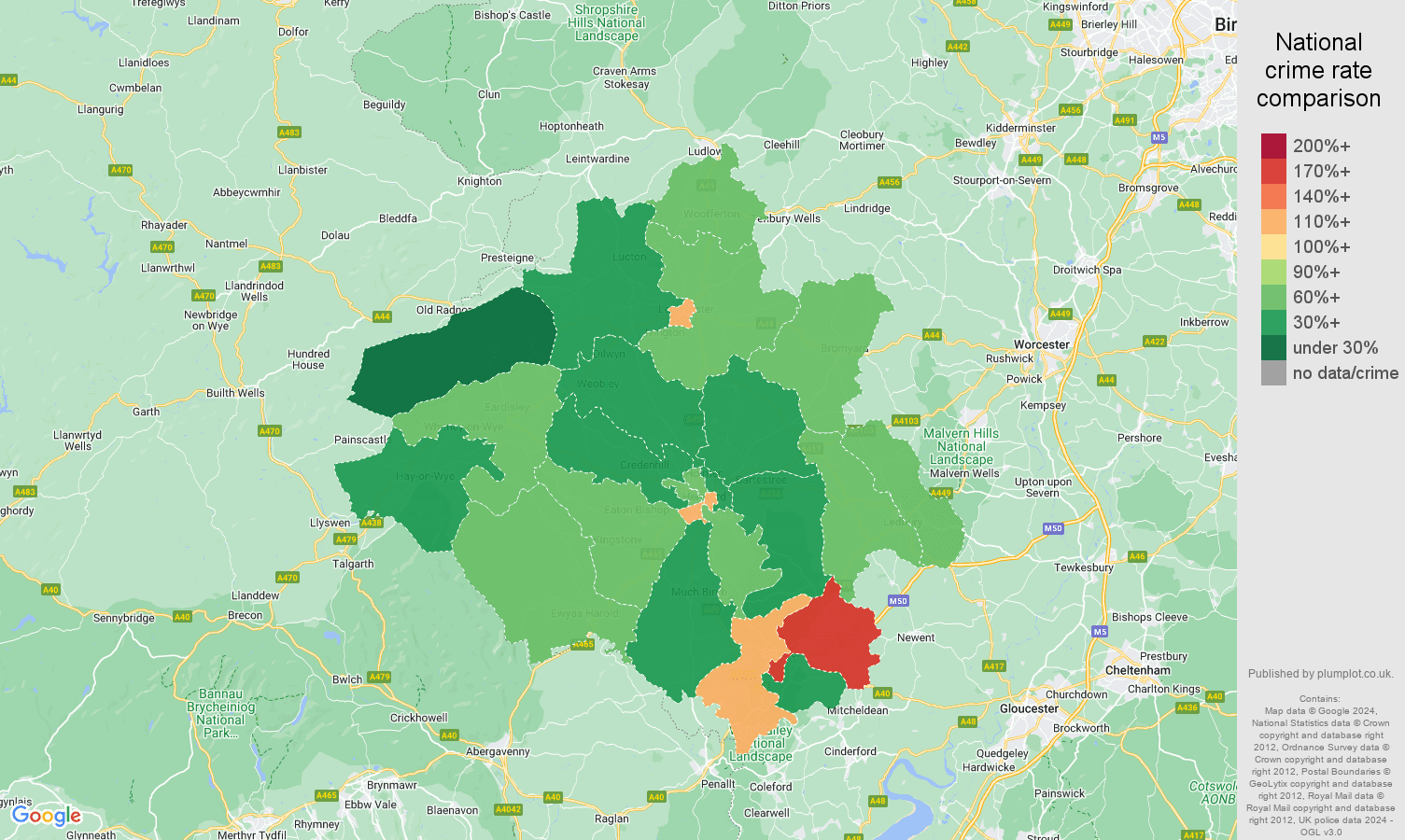 Herefordshire other theft crime rate comparison map