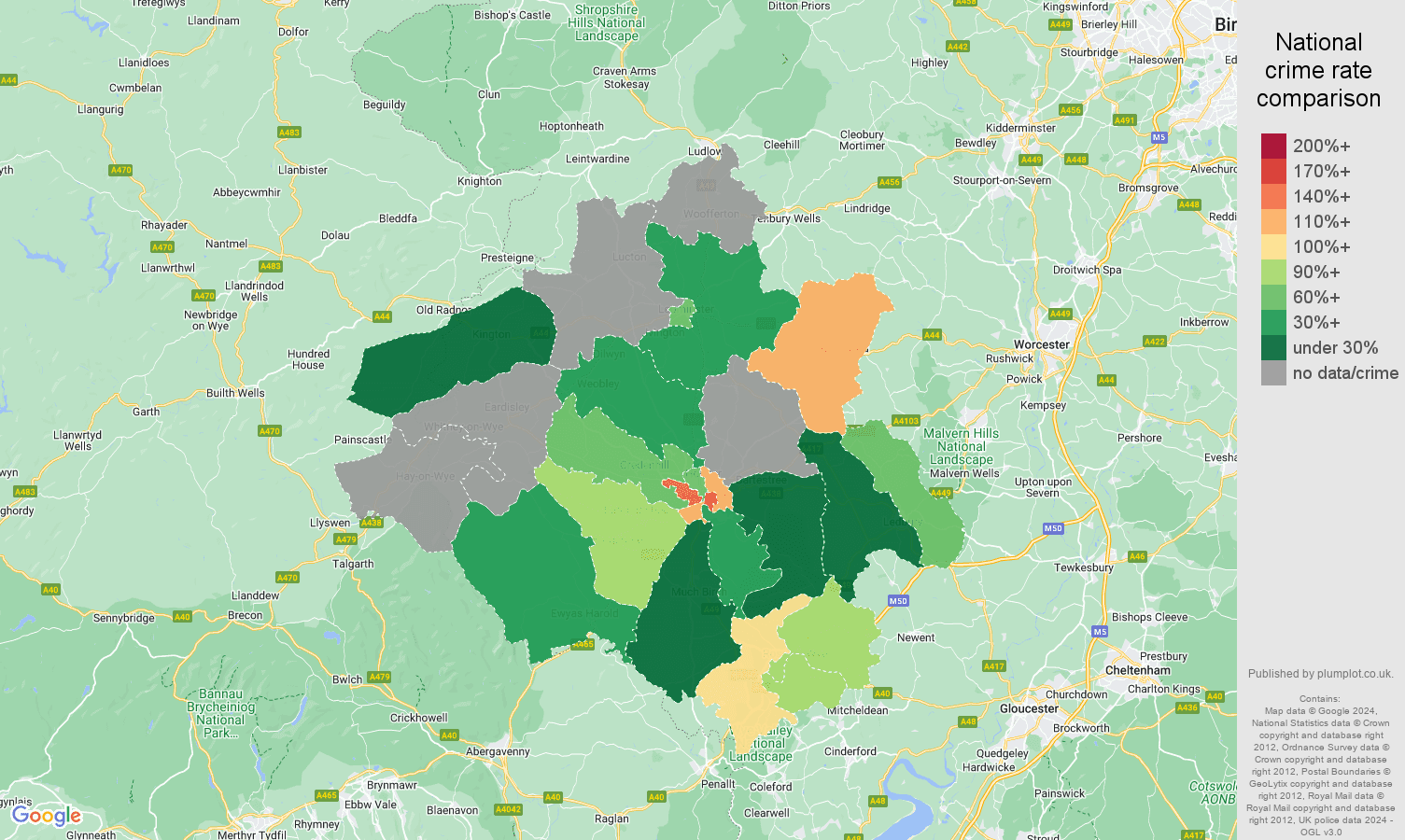 Herefordshire possession of weapons crime rate comparison map