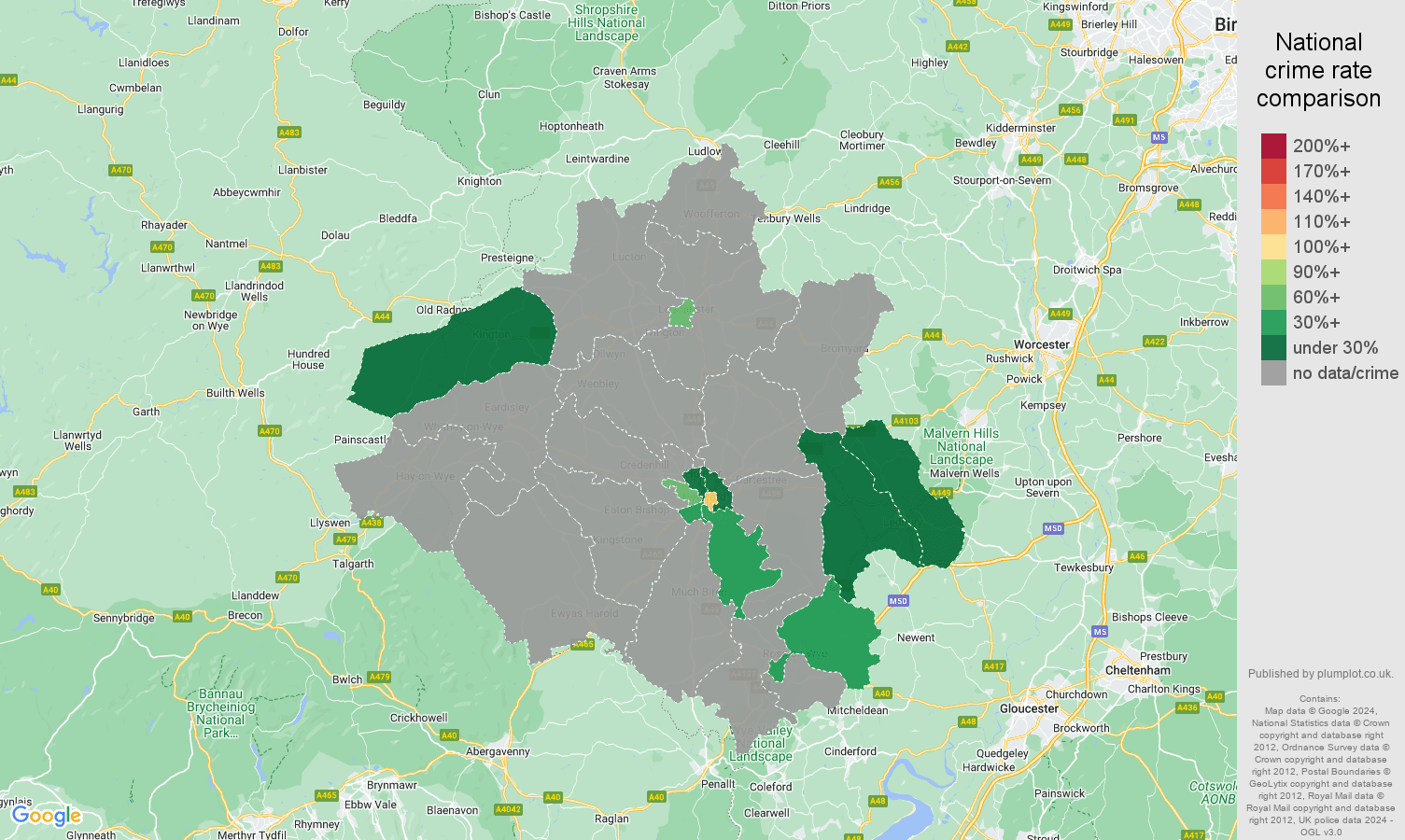 Herefordshire robbery crime rate comparison map
