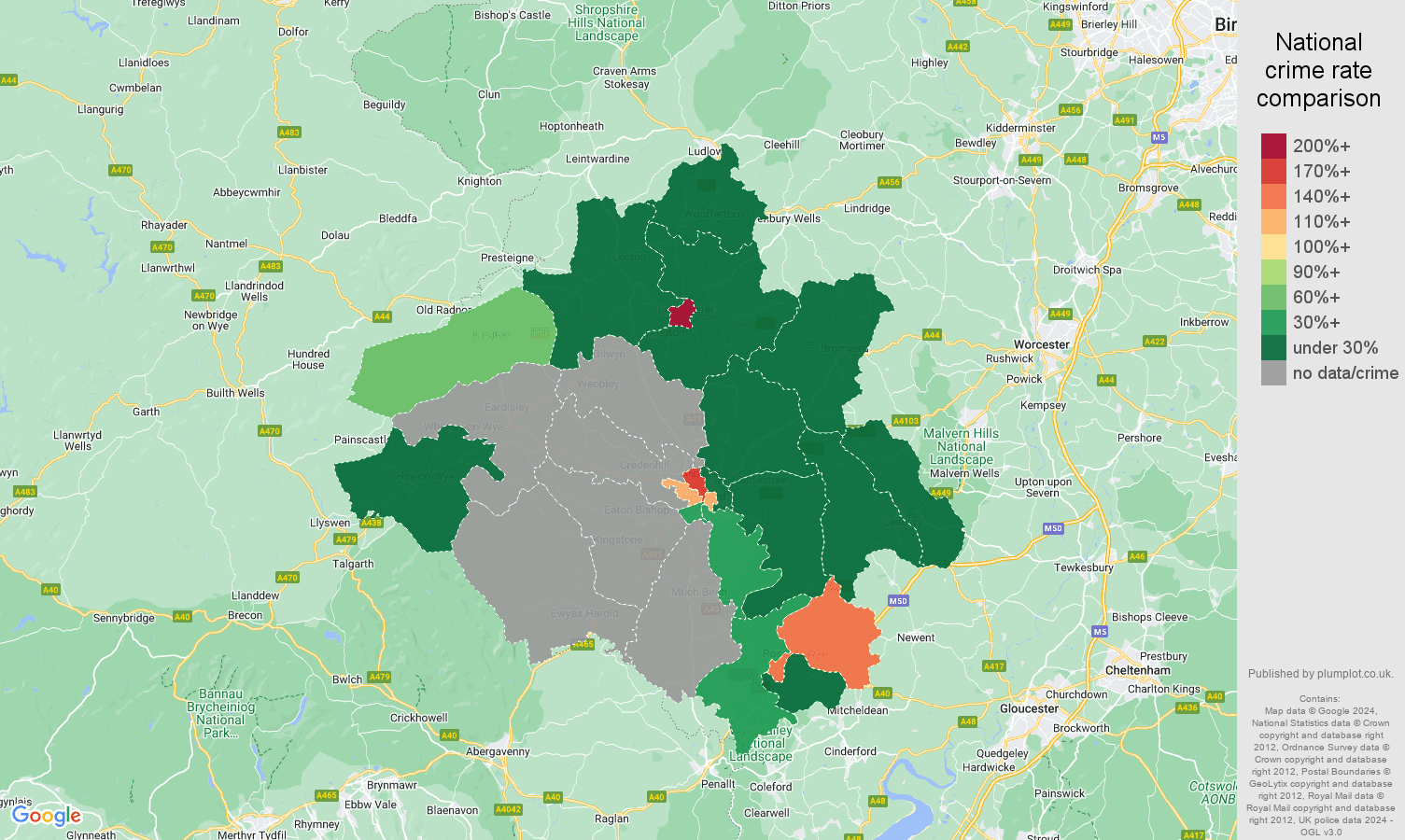 Herefordshire shoplifting crime rate comparison map