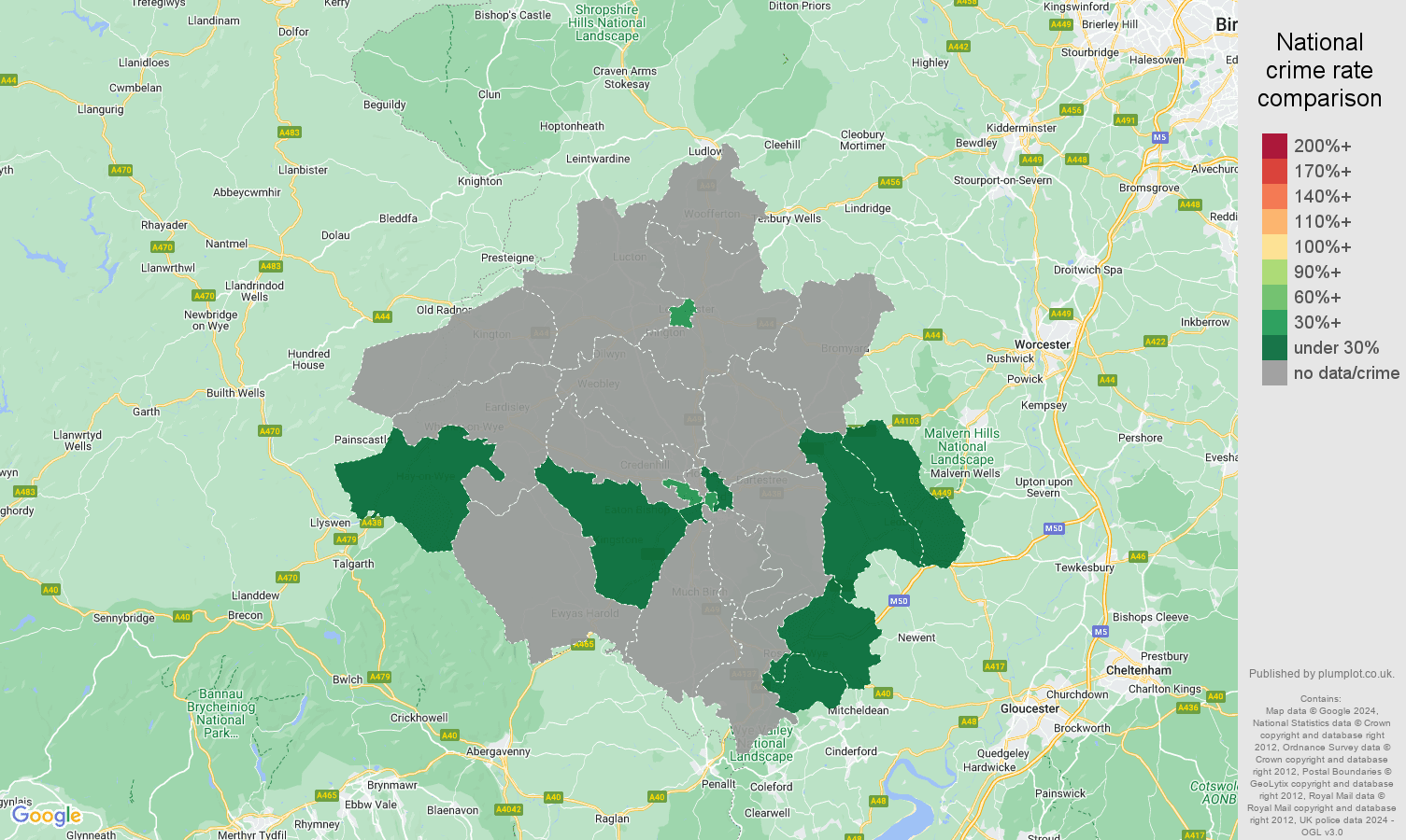 Herefordshire theft from the person crime rate comparison map
