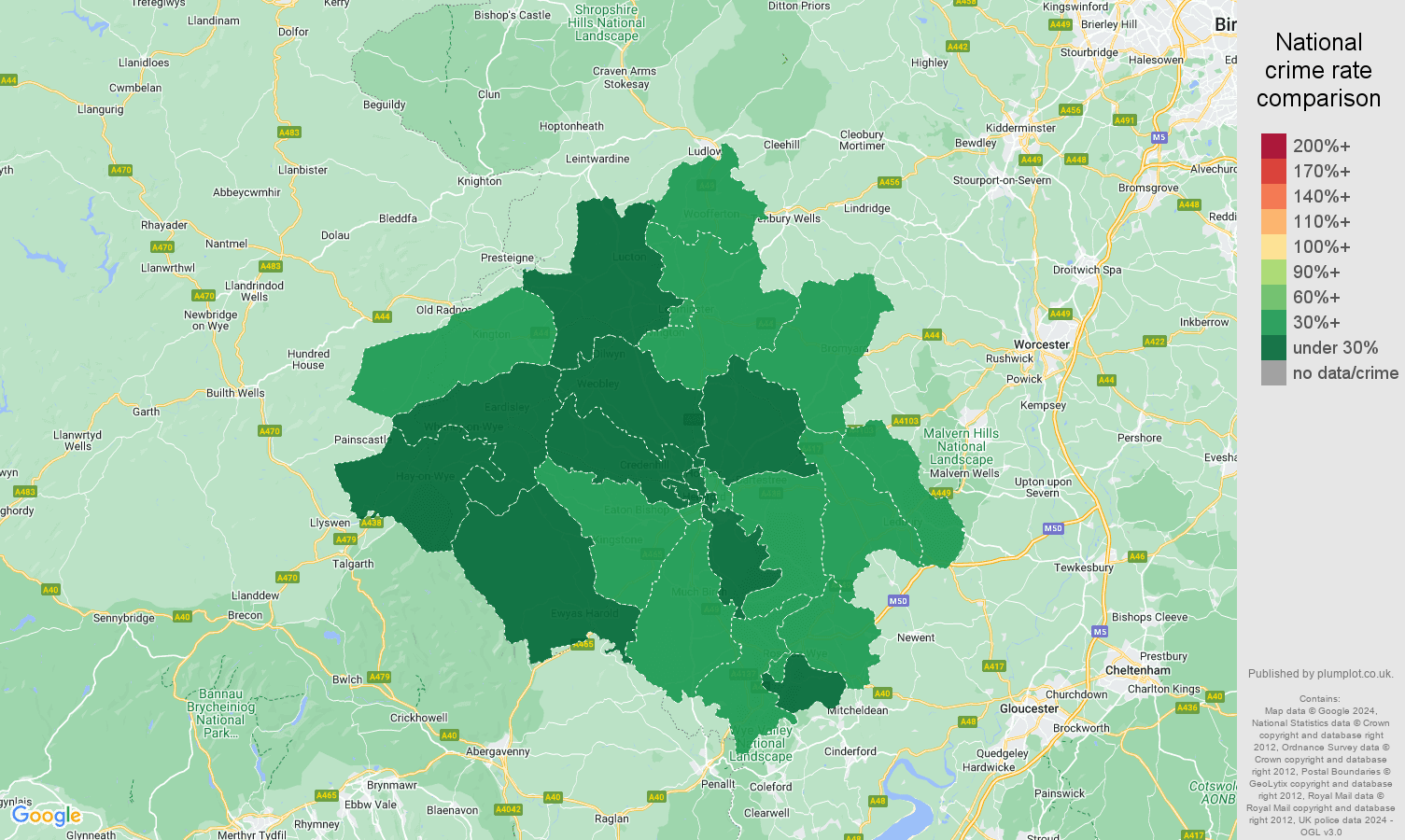 Herefordshire vehicle crime rate comparison map