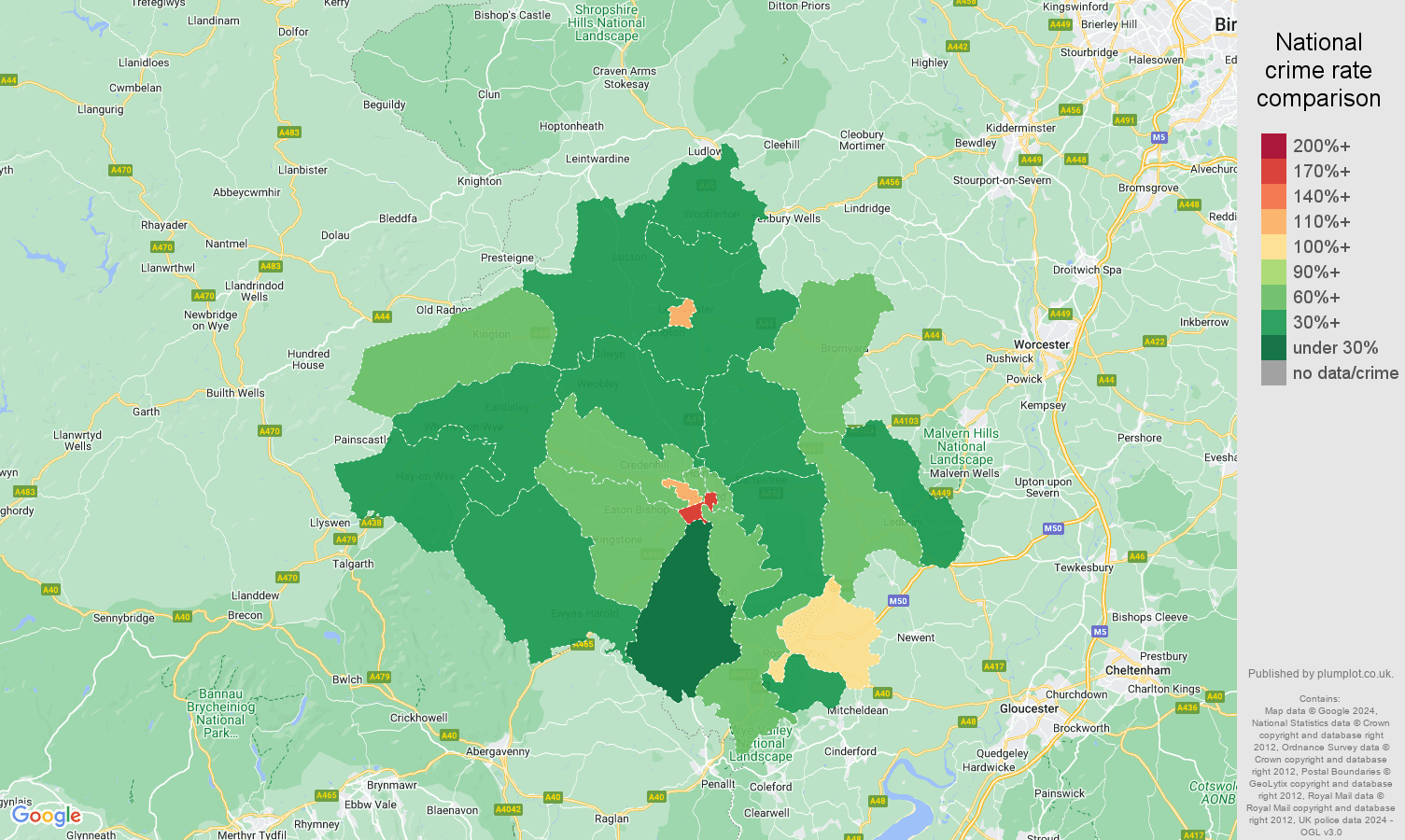 Herefordshire violent crime rate comparison map