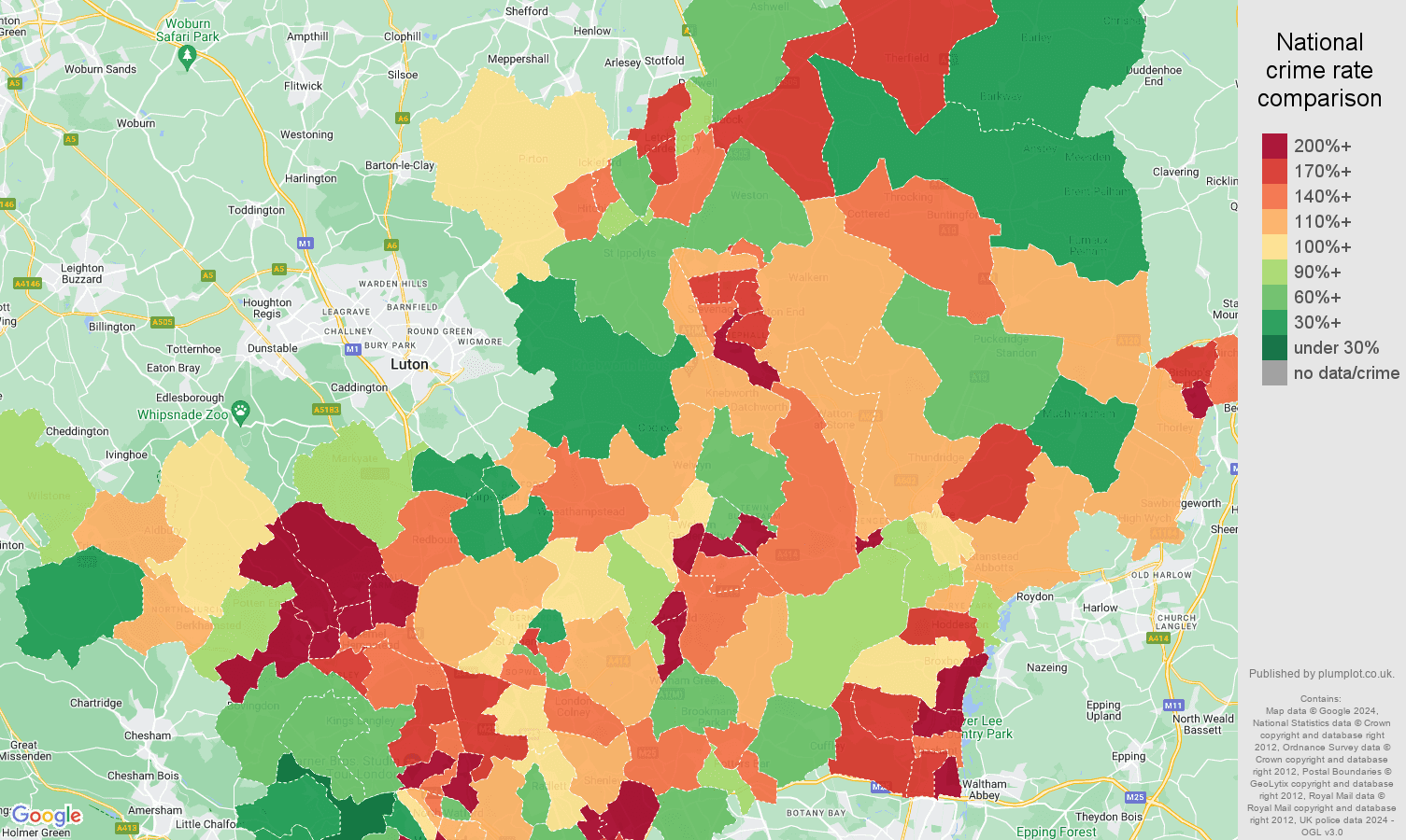 Hertfordshire antisocial behaviour crime rate comparison map