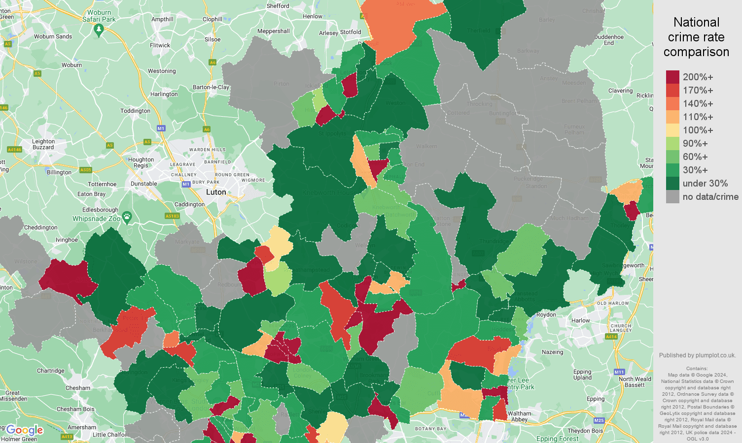 Hertfordshire bicycle theft crime rate comparison map