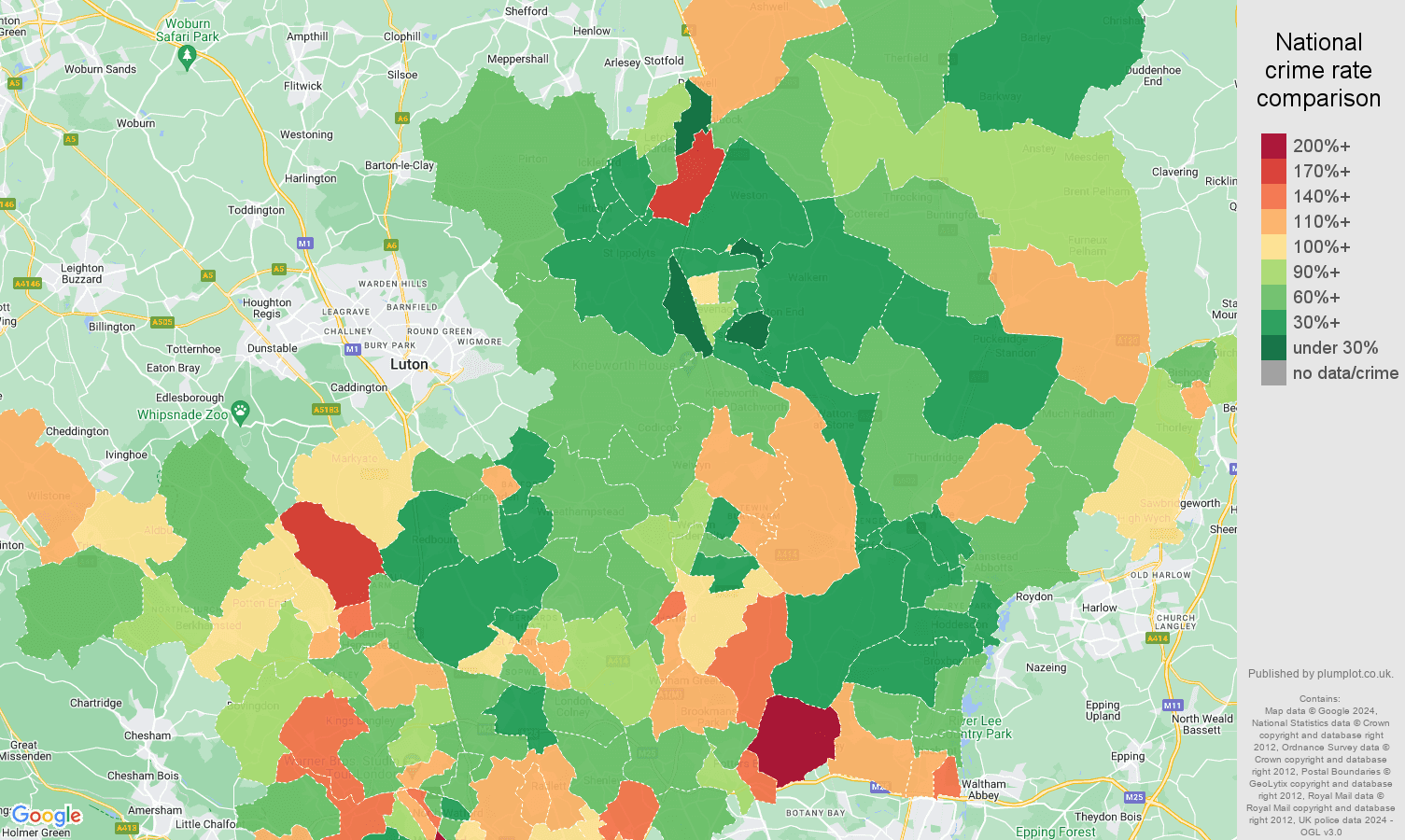 Hertfordshire burglary crime rate comparison map