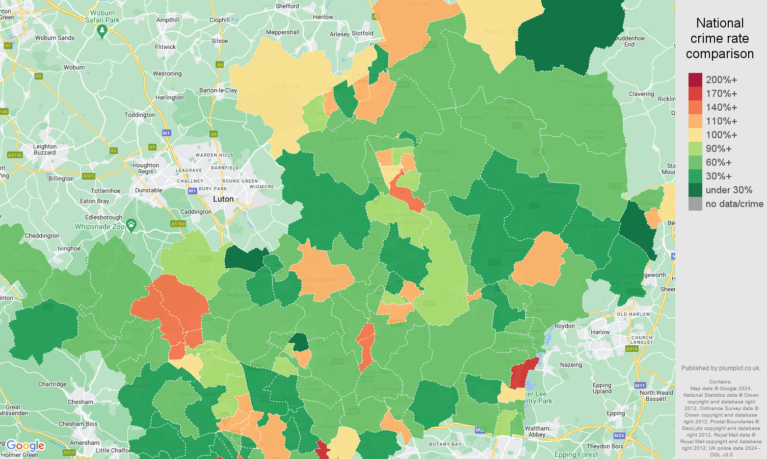 Hertfordshire criminal damage and arson crime rate comparison map