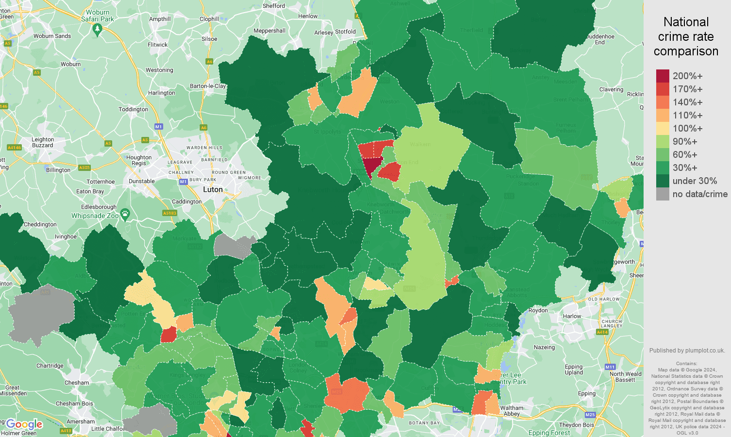 Hertfordshire drugs crime rate comparison map