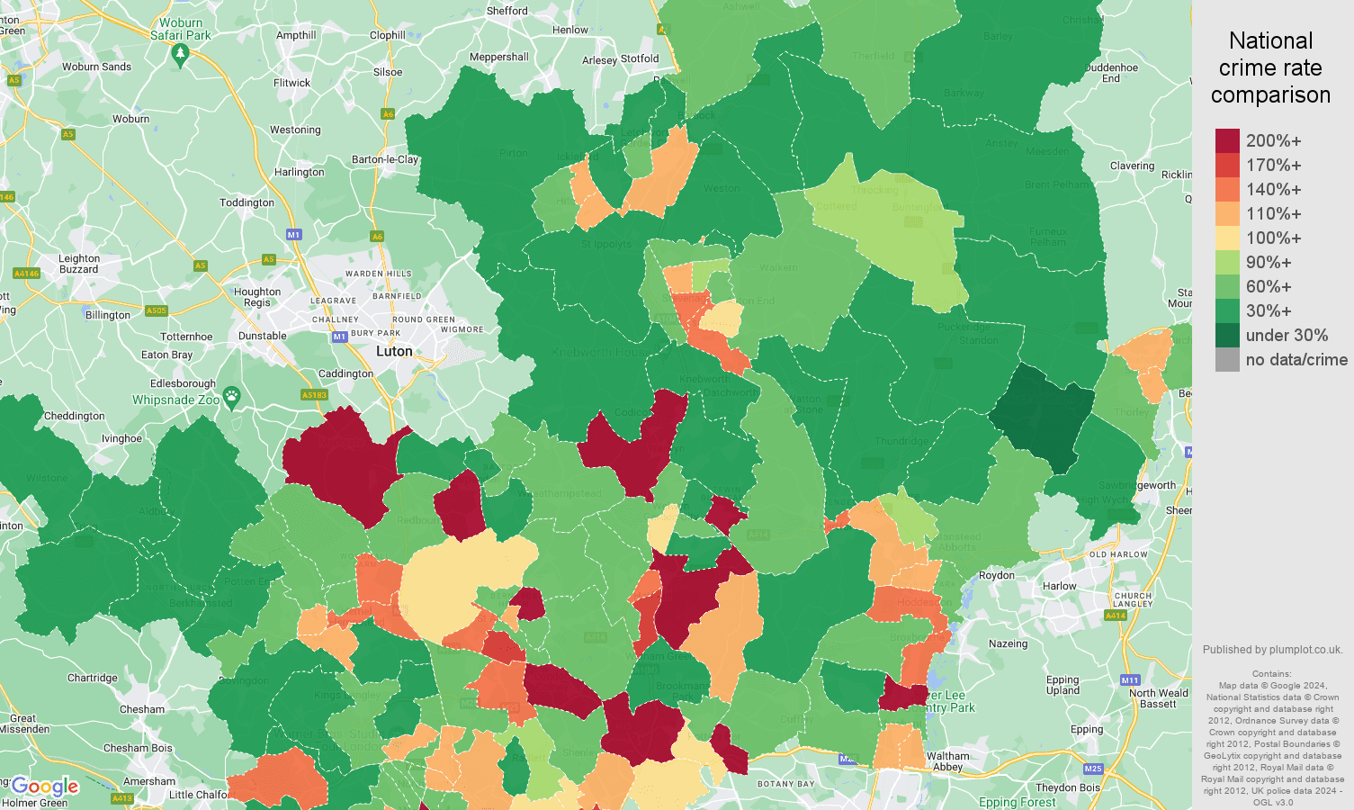 Hertfordshire other theft crime rate comparison map