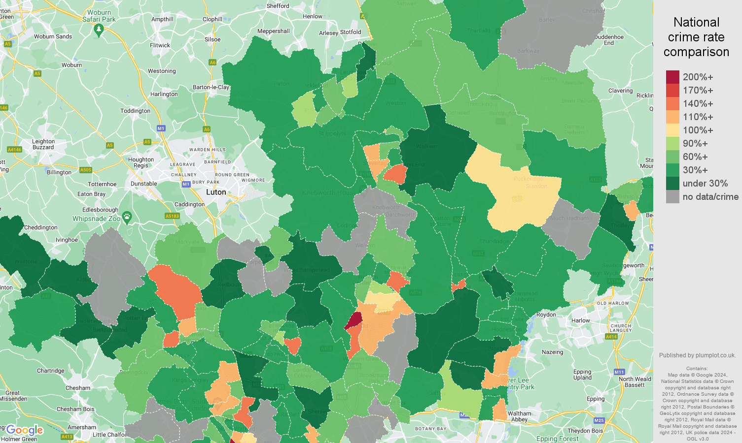 Hertfordshire possession of weapons crime rate comparison map